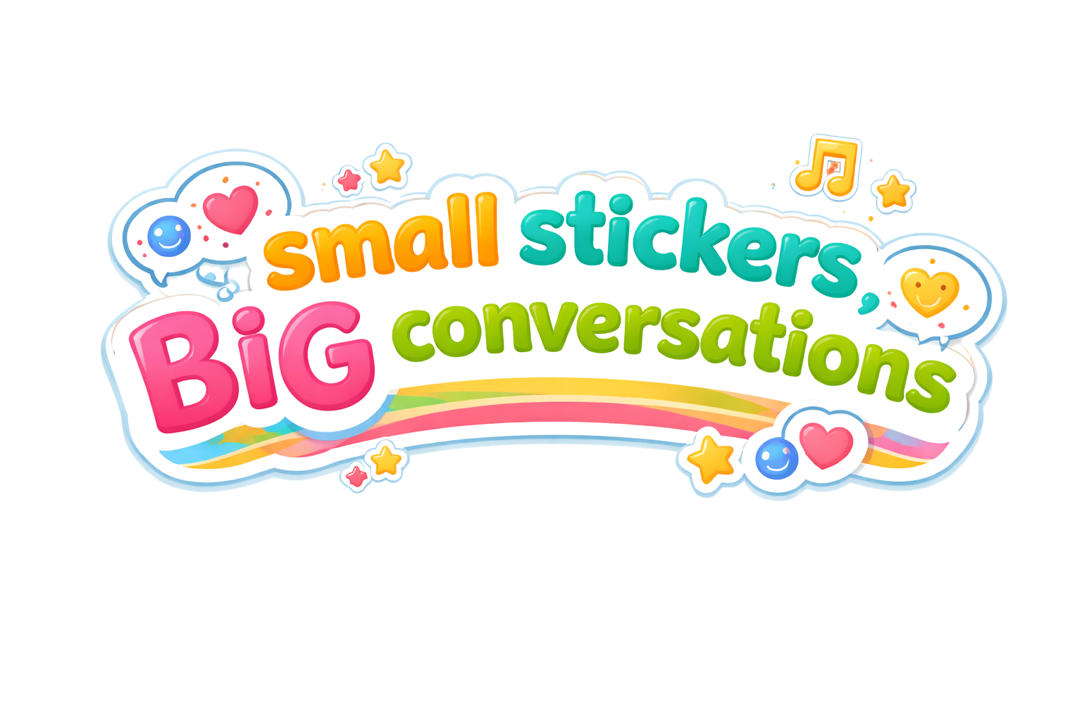 Colorful digital sticker design with words: Big, small, stickers, conversations in bright colors and cartoon style.