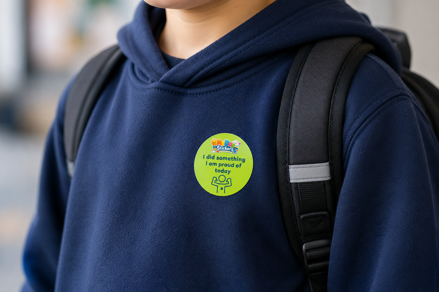 Close-up of a student wearing a navy blue hoodie with a green sticker that reads "My Day Stickers: I did something I am proud of today" and an illustrated person flexing their arms, with a backpack next to the student's shoulder.