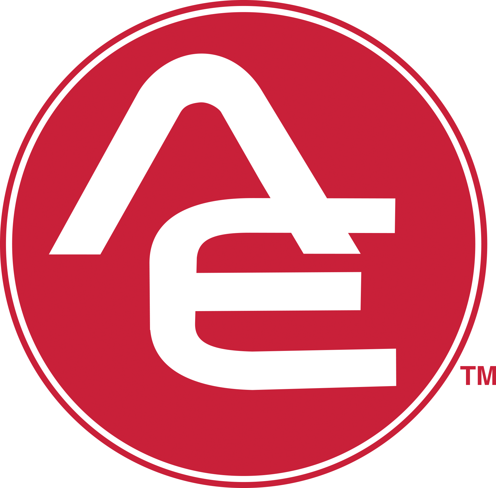 A circular logo with a red background and a black border, featuring a large black stylized letter 'G' inside, and the trademark symbol TM in small red letters at the bottom right corner.