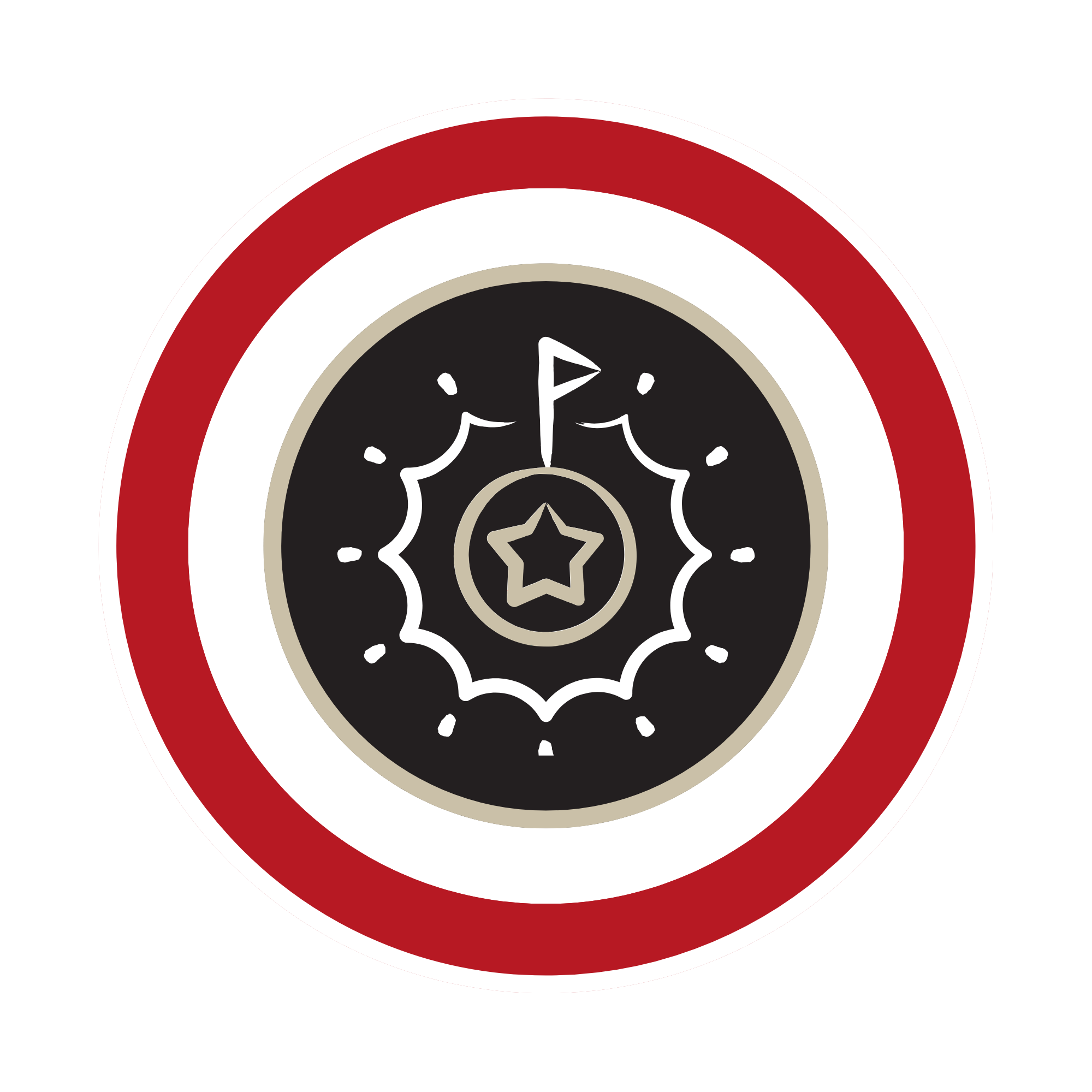 A stylized circular emblem with a black background, featuring a white star at the top, a central black circle with a white outline, representing PDKST's full-service legal counsel for businesses, families, and individuals.