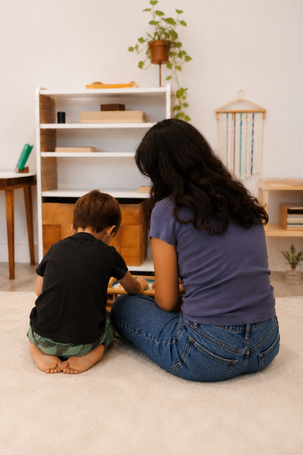 Une femme et un jeune garçon assis sur un tapis blanc, jouant ensemble dans une pièce chaleureuse avec des meubles en bois et des décorations dentreposage.