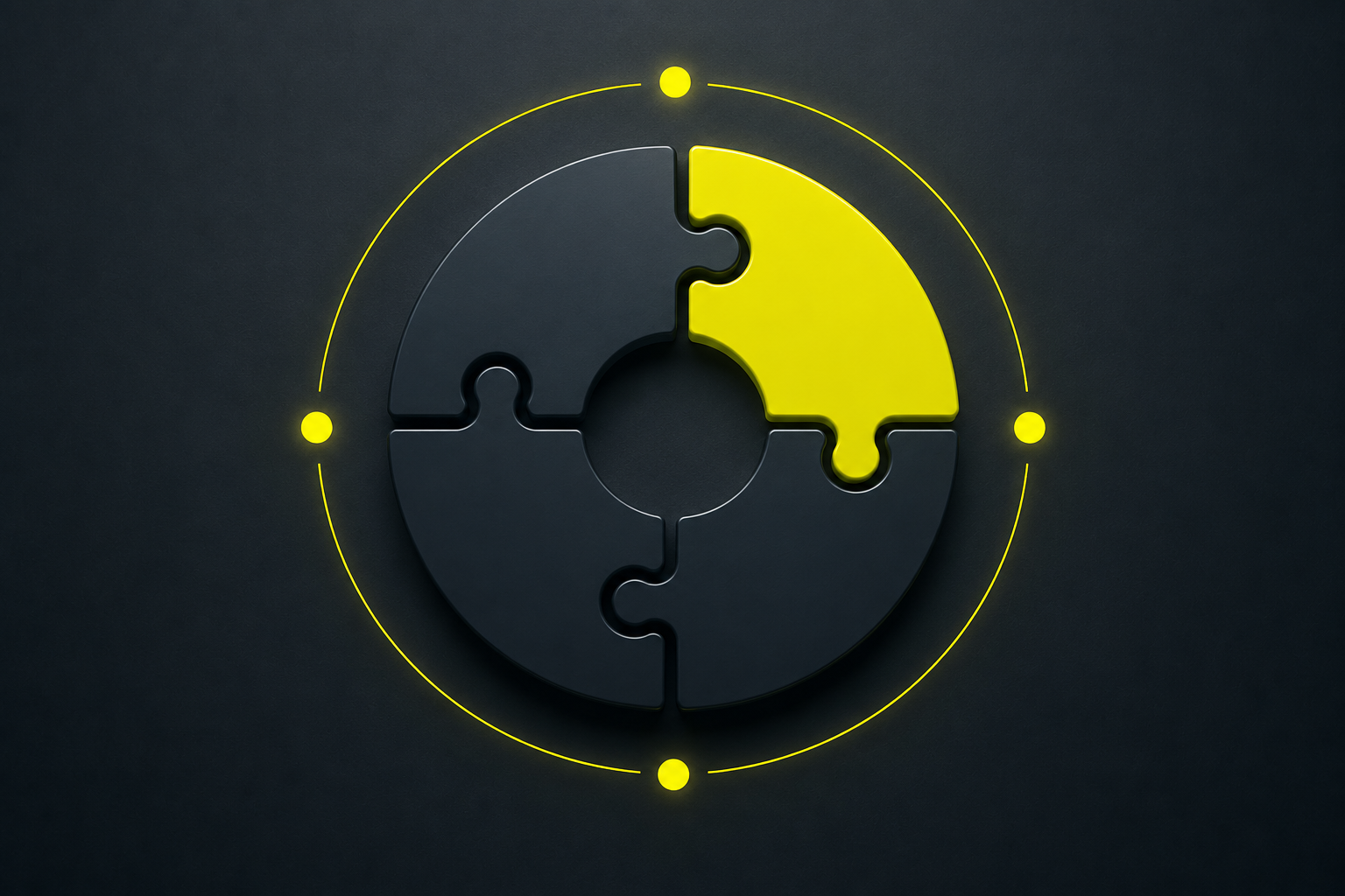 A circular puzzle with five pieces, four black and one yellow, arranged in a ring on a dark background, with yellow dots and a yellow dotted circle around it.