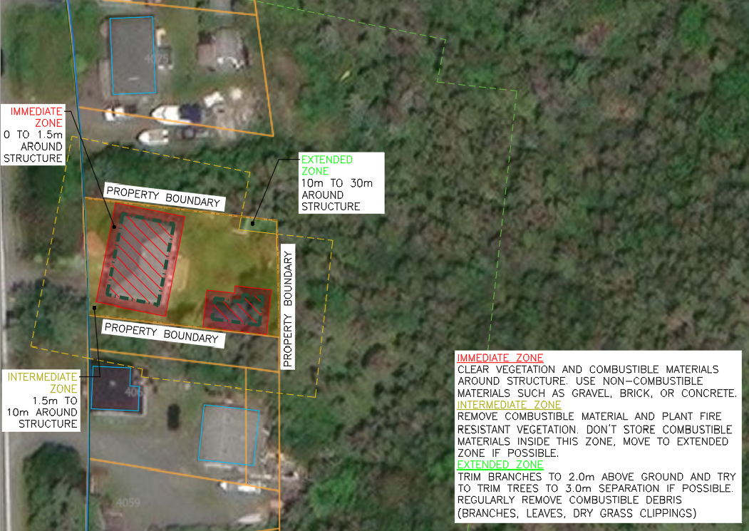 Aerial view of a property with marked zones for fire safety, showing various property boundaries, trees, structures, and instructions for vegetation and debris management.