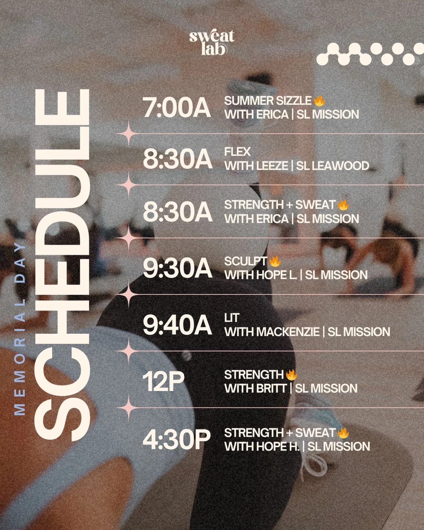 Memorial Day schedule is live 🇺🇸

A few morning + afternoon classes to get a workout in before the rest of your plans. Book your spot now through the app 🔥