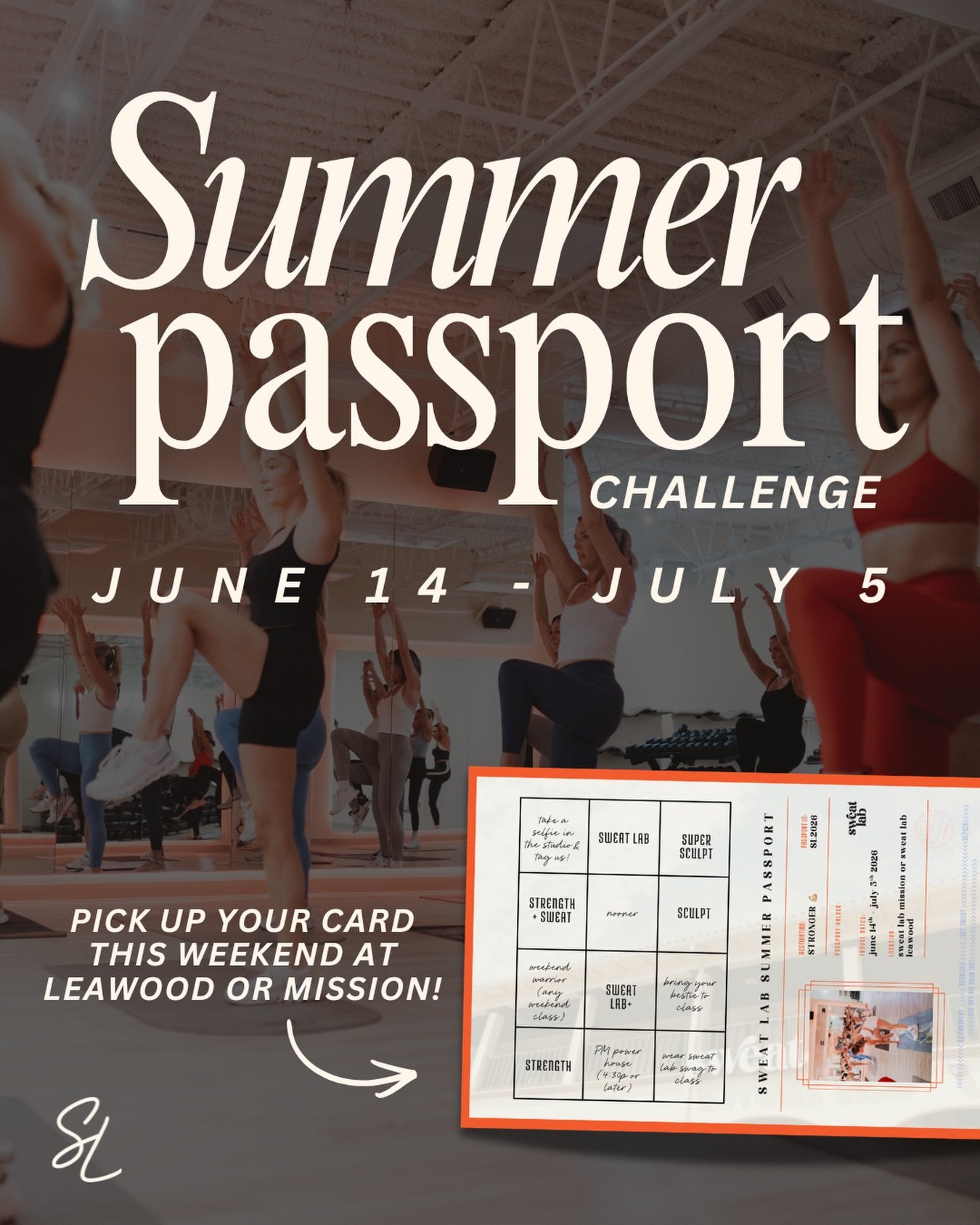🌞✈️ SWEAT LAB SUMMER PASSPORT CHALLENGE ✈️🌞

From June 14&ndash;July 5, complete challenges, explore new classes, bring your friends, and collect your passport stamps along the way. 

Rules of Entry:
✔️ Complete challenges during the challenge date