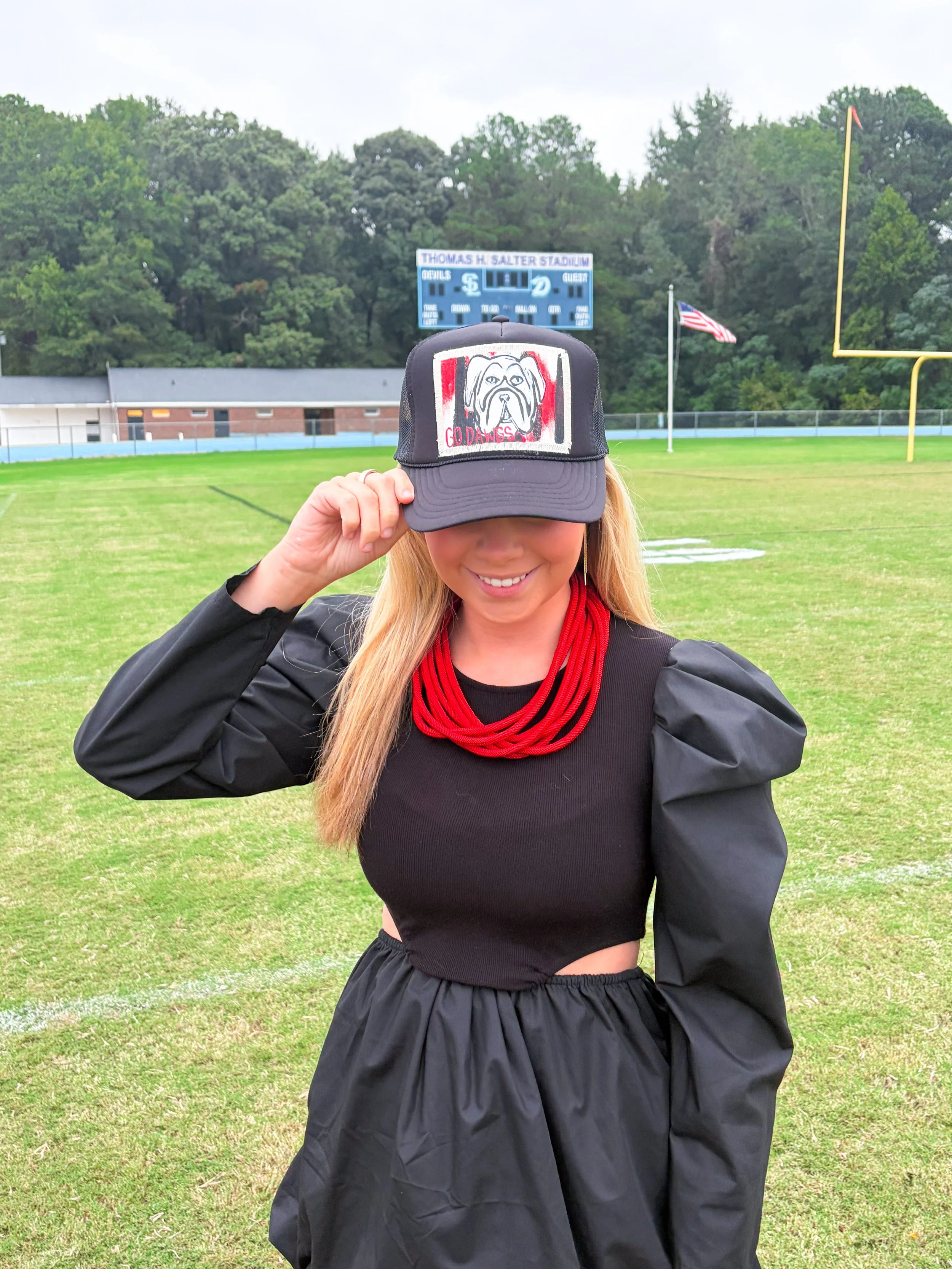 Red, Black, & White DAWGS on a Black Hat