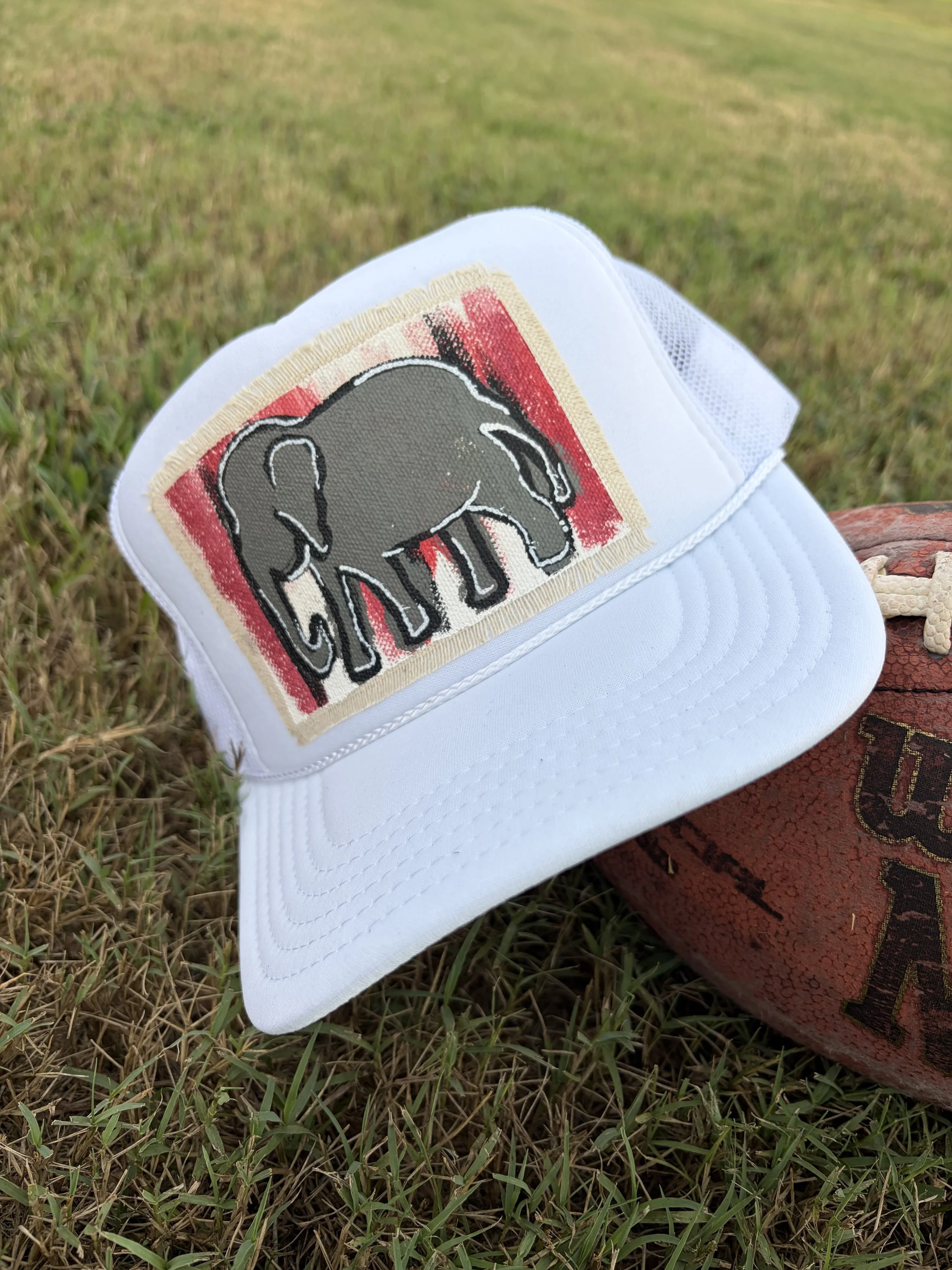 Crimson & White Elephant on a White Hat