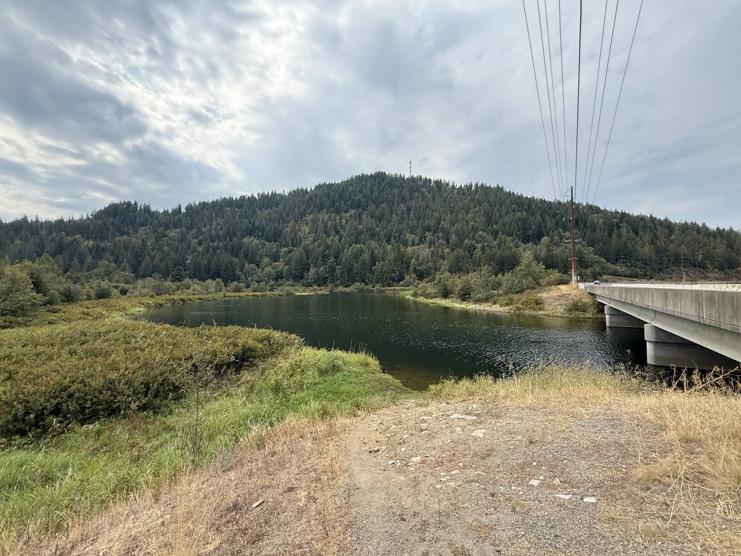 South Side of Highway — Trail to Water: Trail leading down to the water from the southern highway pullout, with views toward Lake Pend Oreille.