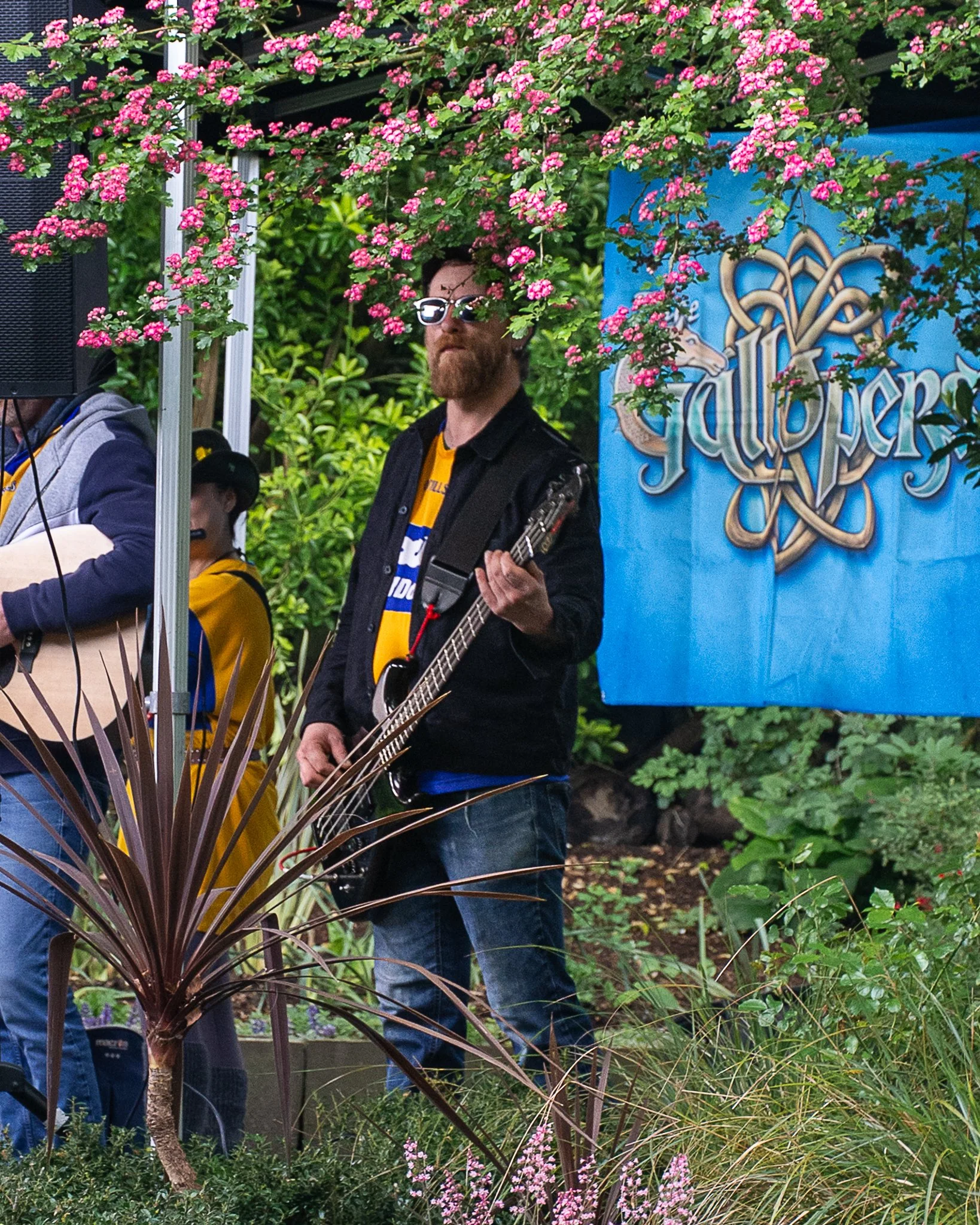 A man with a beard and glasses playing an electric guitar, standing behind pink flowering bushes and green foliage, with a colorful banner in the background.