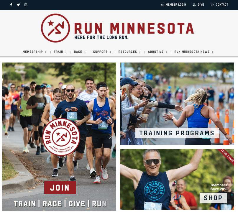 Screenshot of the Run Minnesota website homepage featuring images of runners and volunteers, with menu options for membership, training, race, support, resources, about, and news.