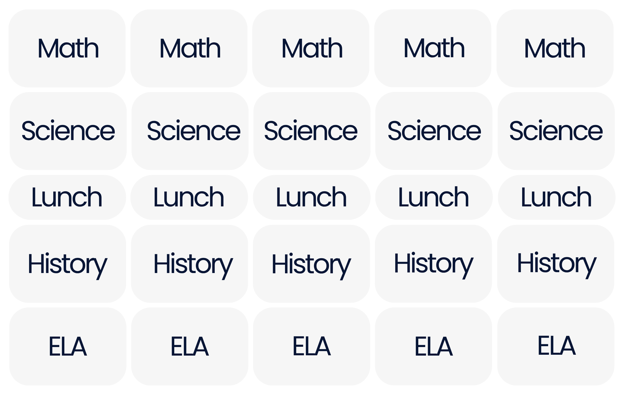 A typical bell schedule repeating the same subjects and periods every day