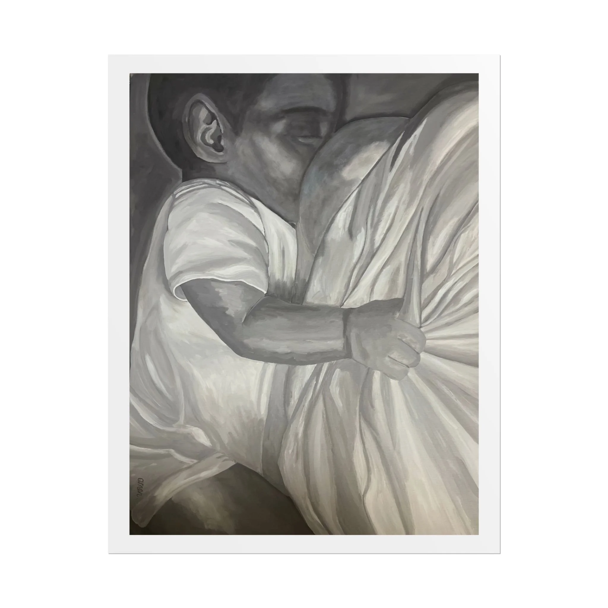 while the world sleeps | Mother and Child Embrace Rolled Poster | Black and White Nursery Art