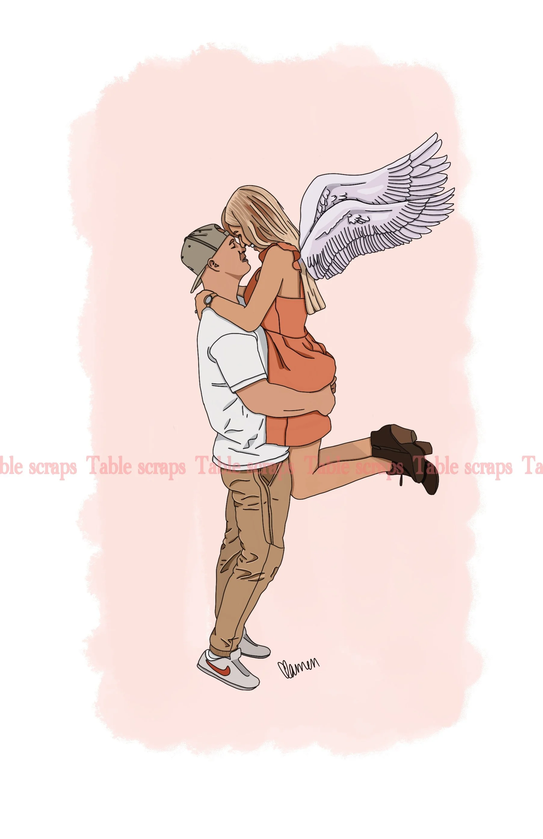 A man wearing a cap and sneakers is holding a woman with angel wings, her knee bent, and their foreheads touching against a light pink background.