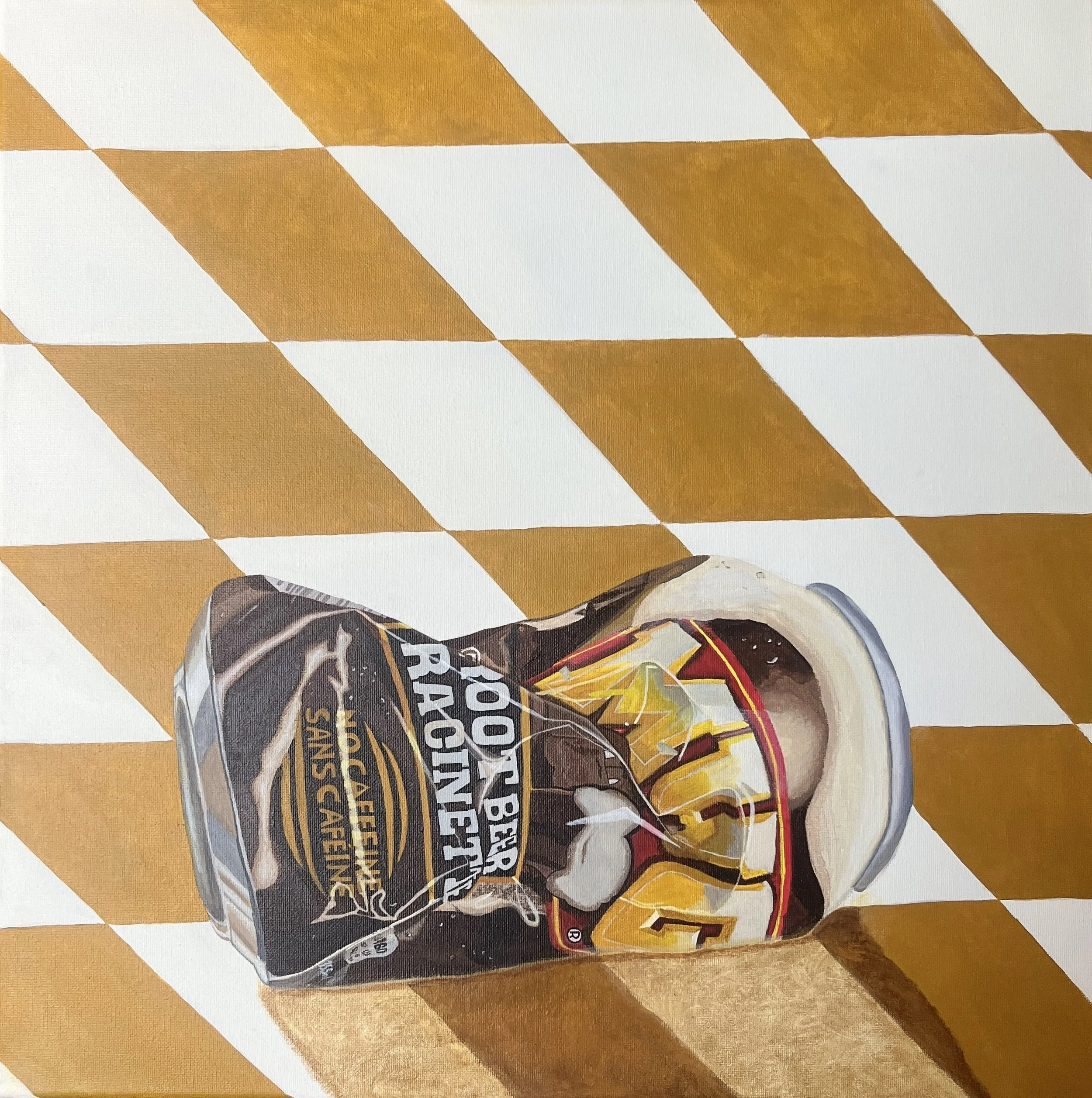 hand painted mug rootbeer pop  soda can with a yellow checkered background