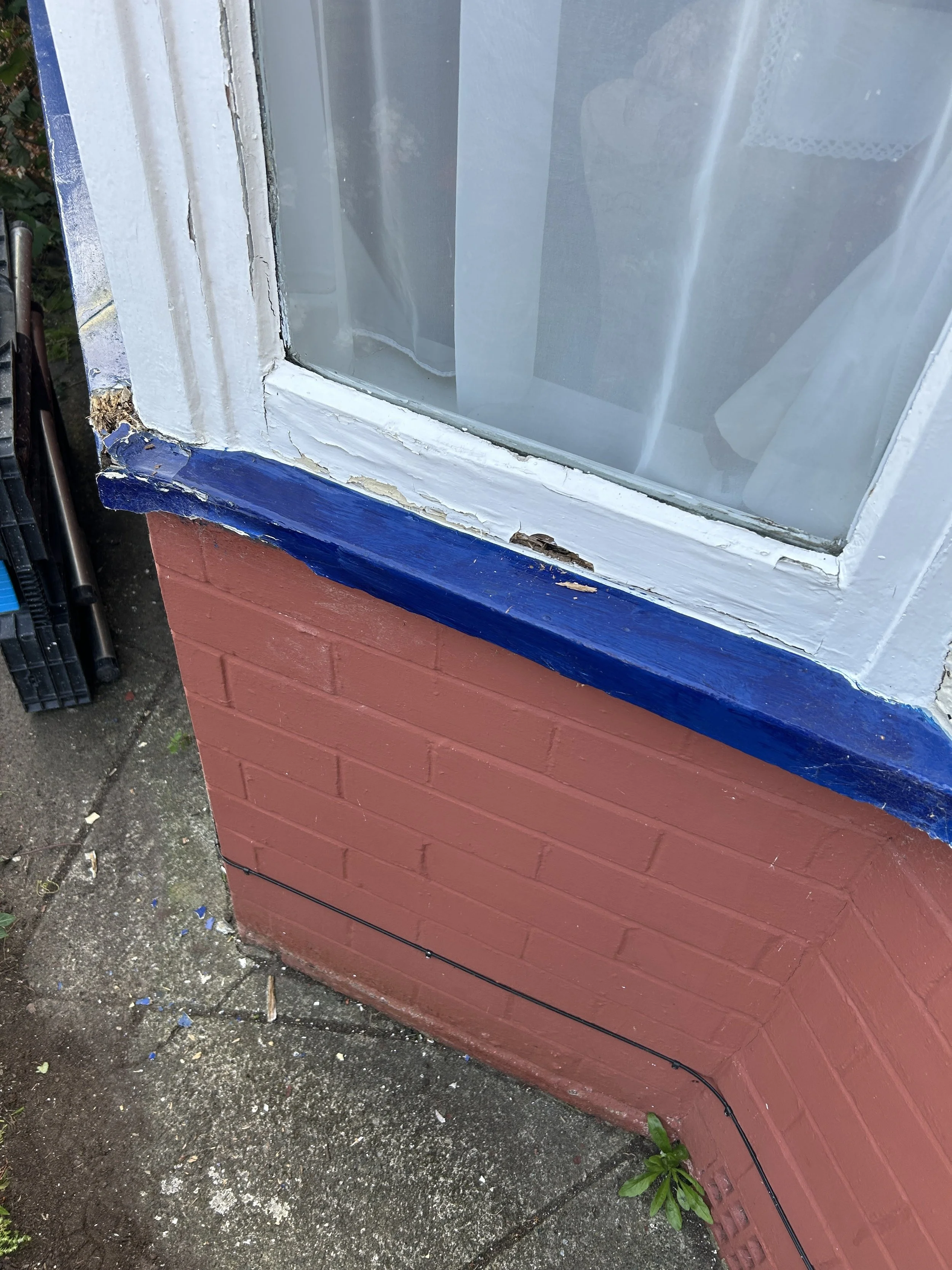 Close-up of a window with chipped white paint on the frame, set into a red brick wall. The window includes a white curtain with lace edges and a television screen is reflected in the glass. Outside, there is dirt ground with small green plants and de
