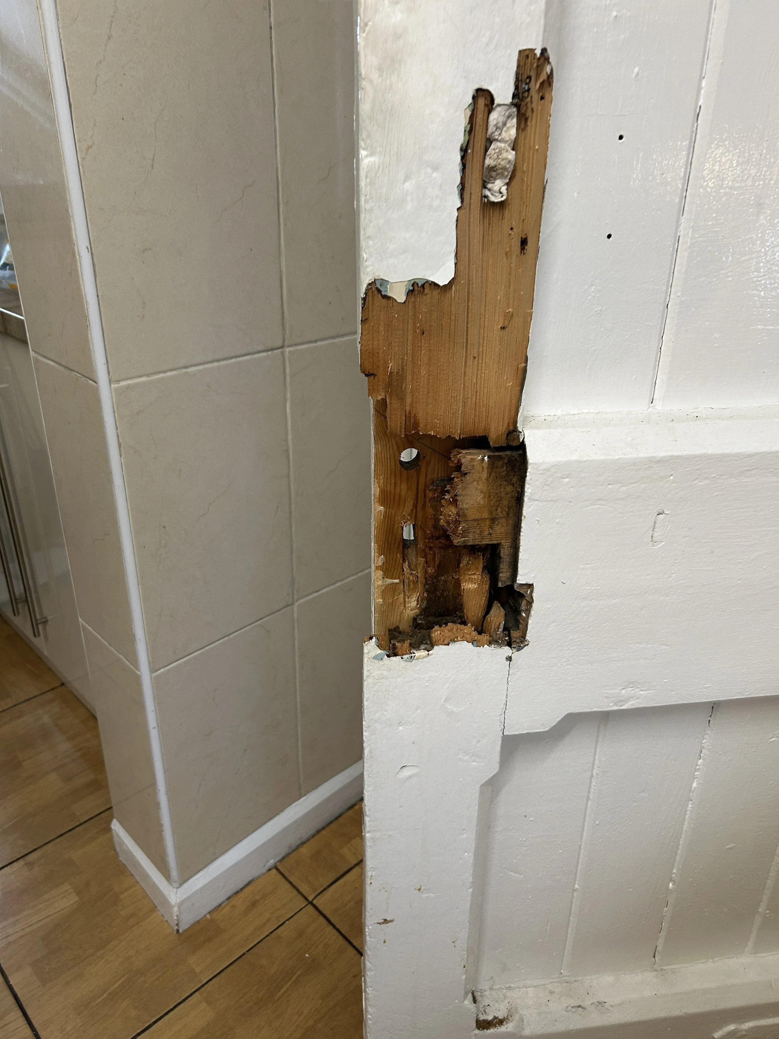 A wall with a large section of the drywall removed, revealing damaged wooden studs and insulation behind it. The surrounding wall is painted white, and the area appears to be in a state of disrepair.