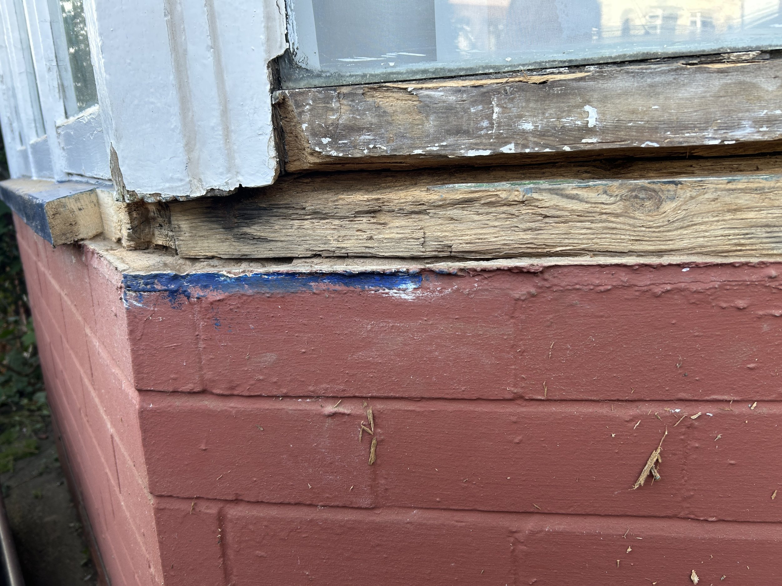 A close-up of a wooden window frame and brick foundation, with weathered paint and some damage to the wood.