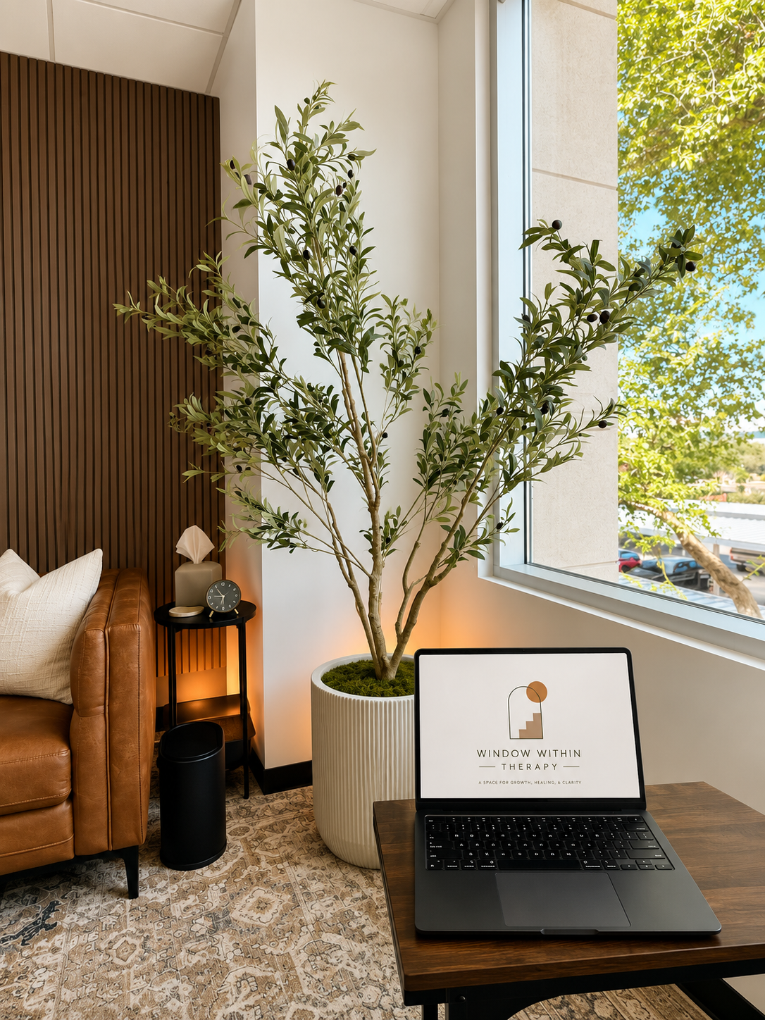 Interior of an office or therapy space with a large potted olive tree near a window, a brown leather sofa with pillows, a small black side table with a clock and tissue box, a portable black speaker, and a wooden table with a laptop displaying 'Window Within Therapy' logo, rug, and beige wall with wooden paneling.