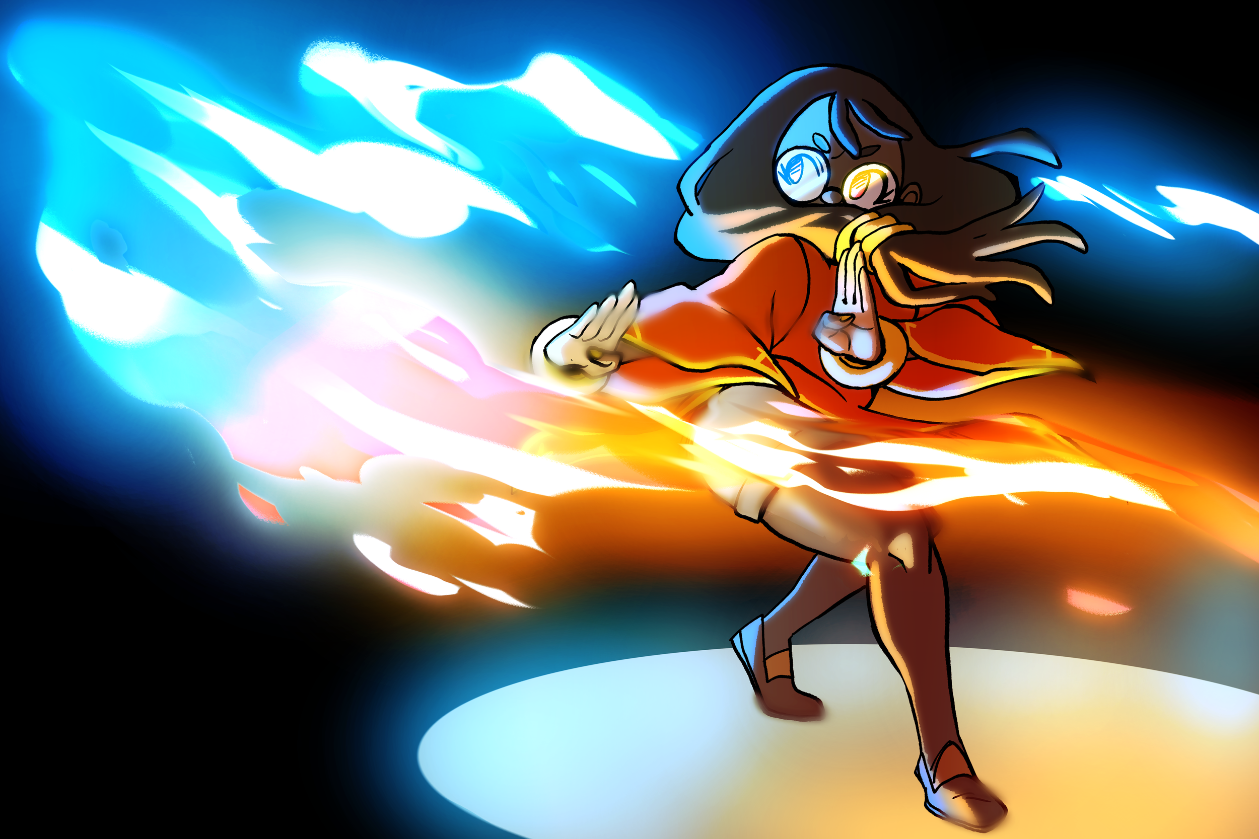 A cartoon character dressed in orange with glasses, performing a martial arts move while generating blue and orange energy streams.