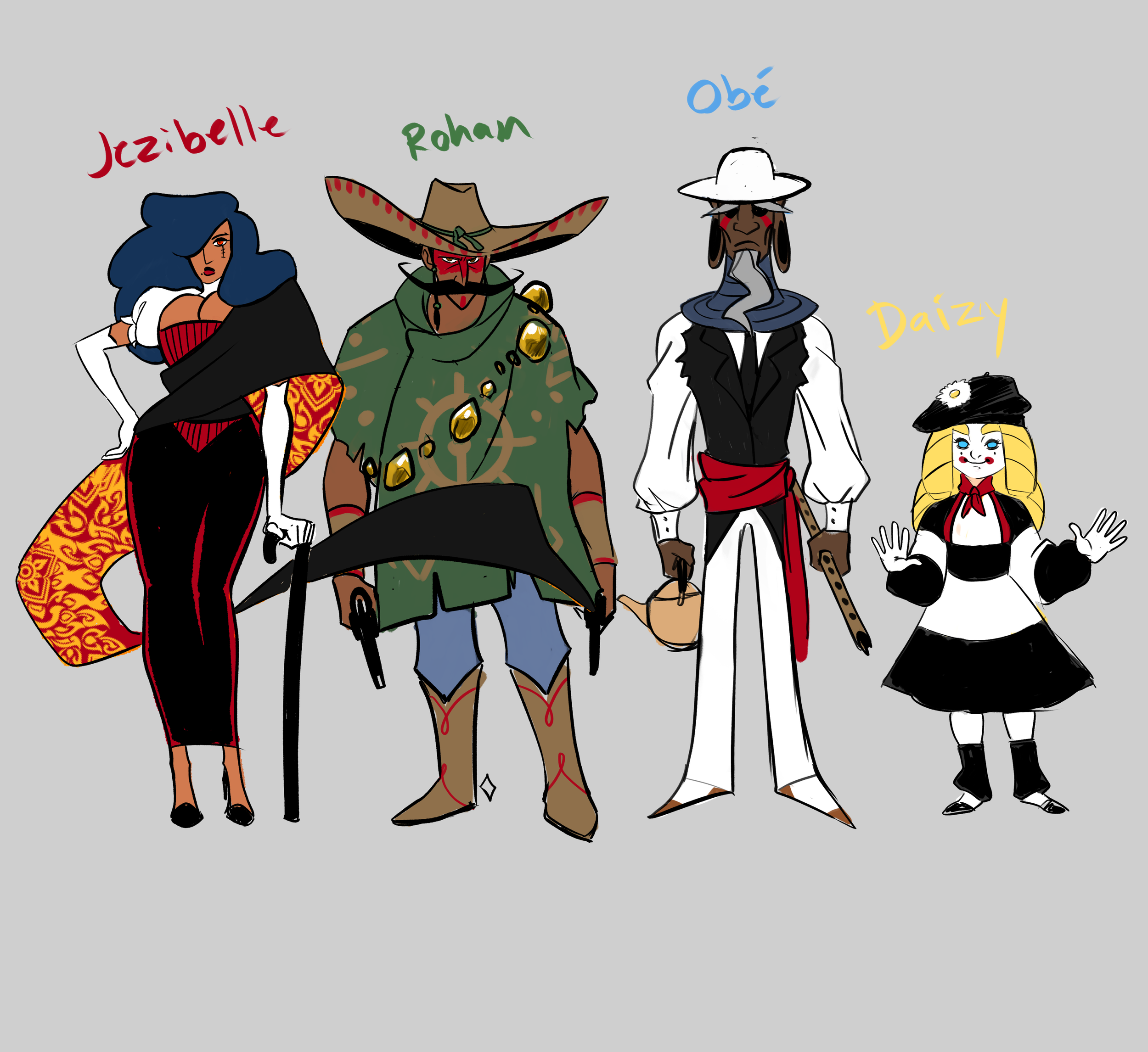 Original sketch of the Ancient Elements. (Cloud's Grandmother/Fire: Jezibelle, Cloud's Grandfather/Earth: Rohan, Water: Obe, Air: Daizy)