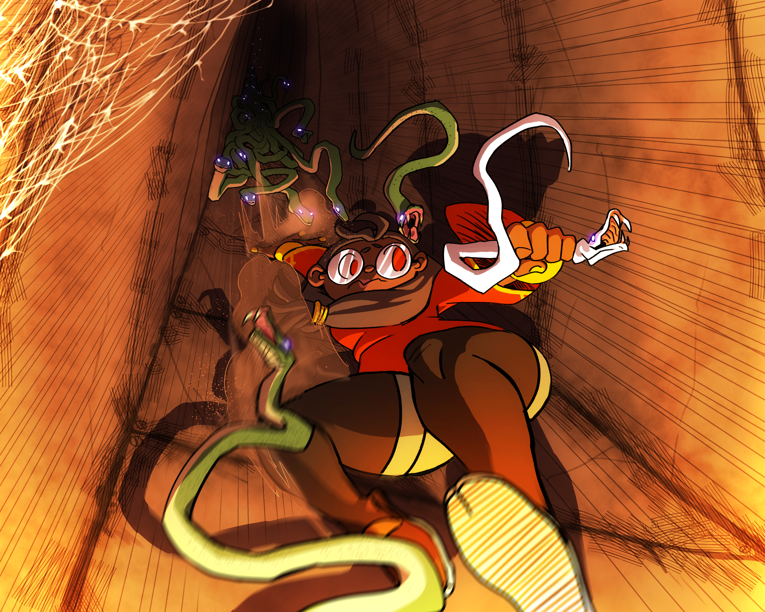 Benita escapes a den of snakes, all pursuing her under the orders of Vultura.
