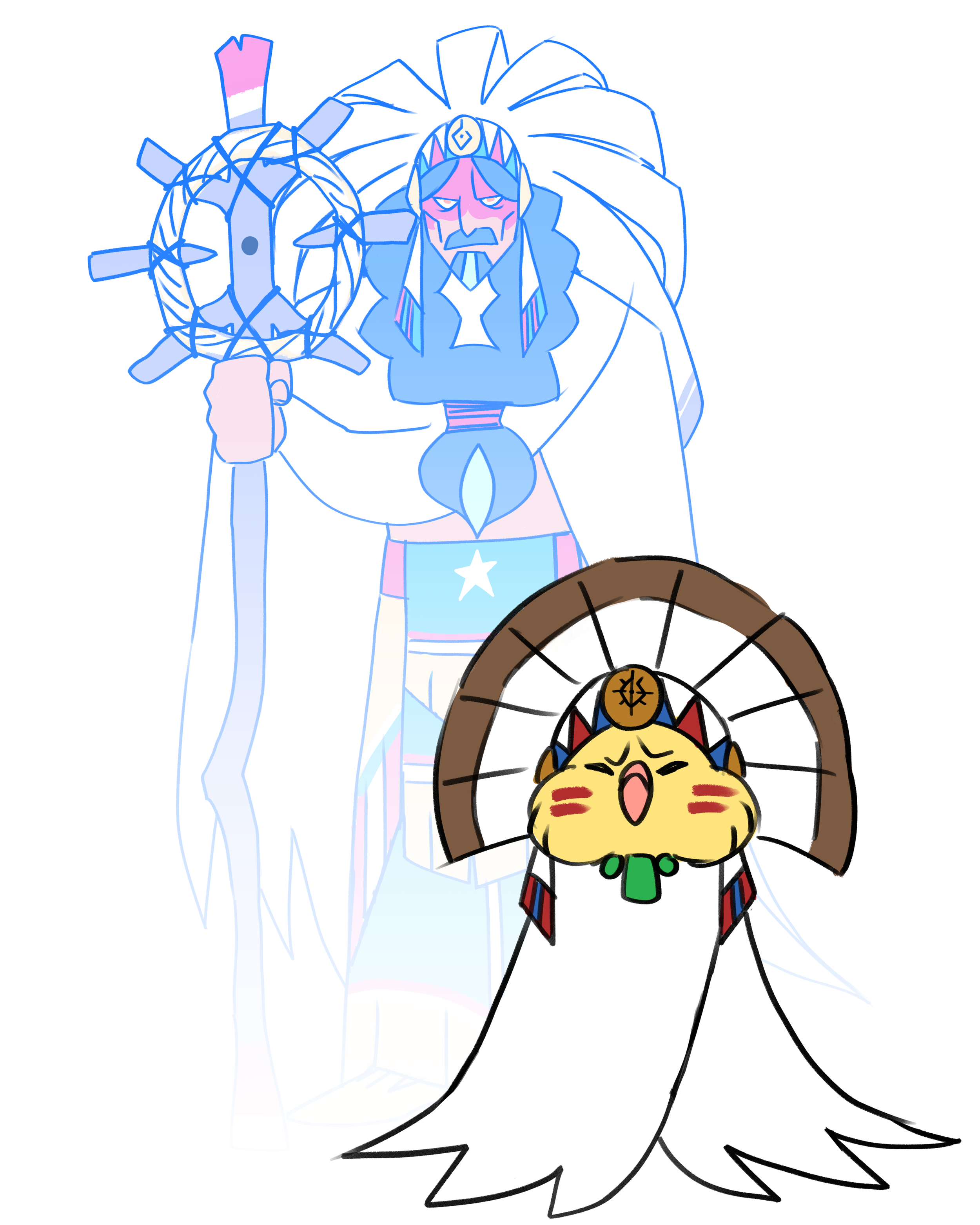 A stylized drawing of a Native American chief with a large feathered headdress holding a staff with a ball netted in it, standing behind a lion head totem with a round collar.