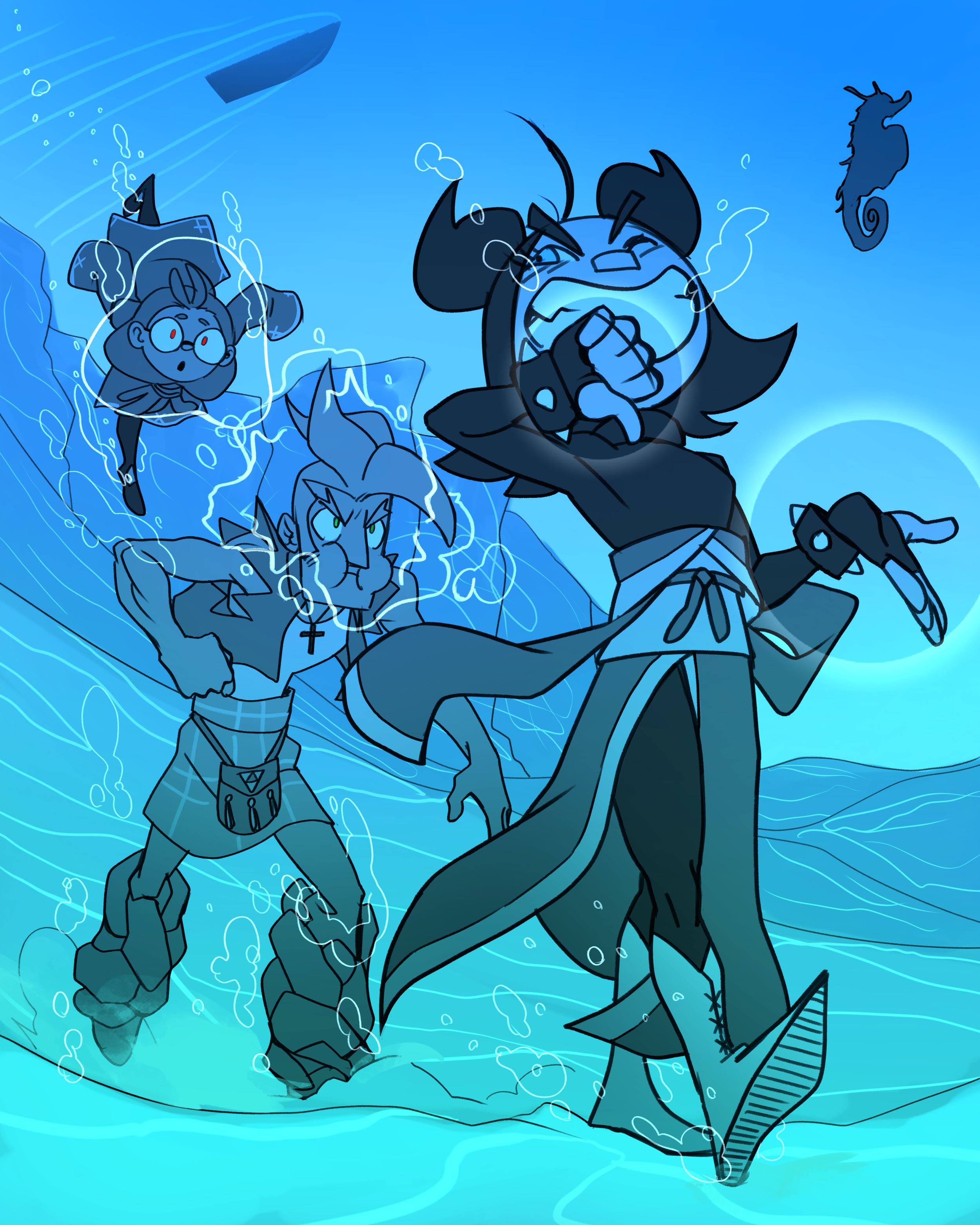 K leads her friends on an underwater quest! She manages their airbubbles, but needs none herself as the Element of Water.