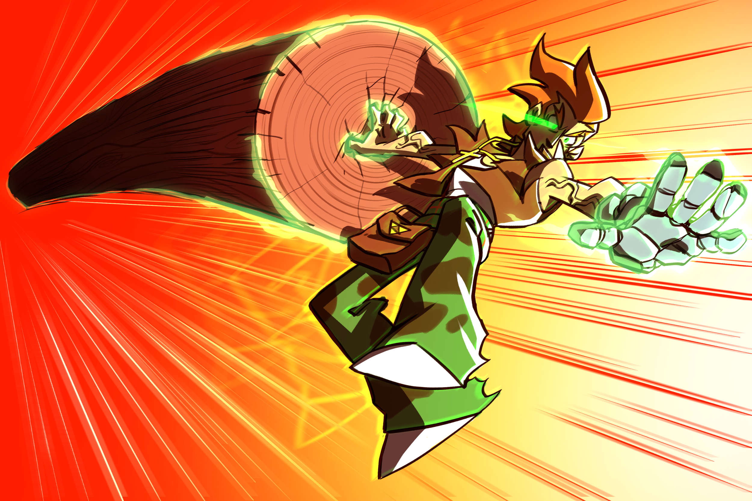 An animated character dressed as a ninja in a brown and white outfit, with spiky hair and green glowing eyes, is attacking with a large, glowing, spinning log or cutter against a vibrant orange and yellow background with motion lines.