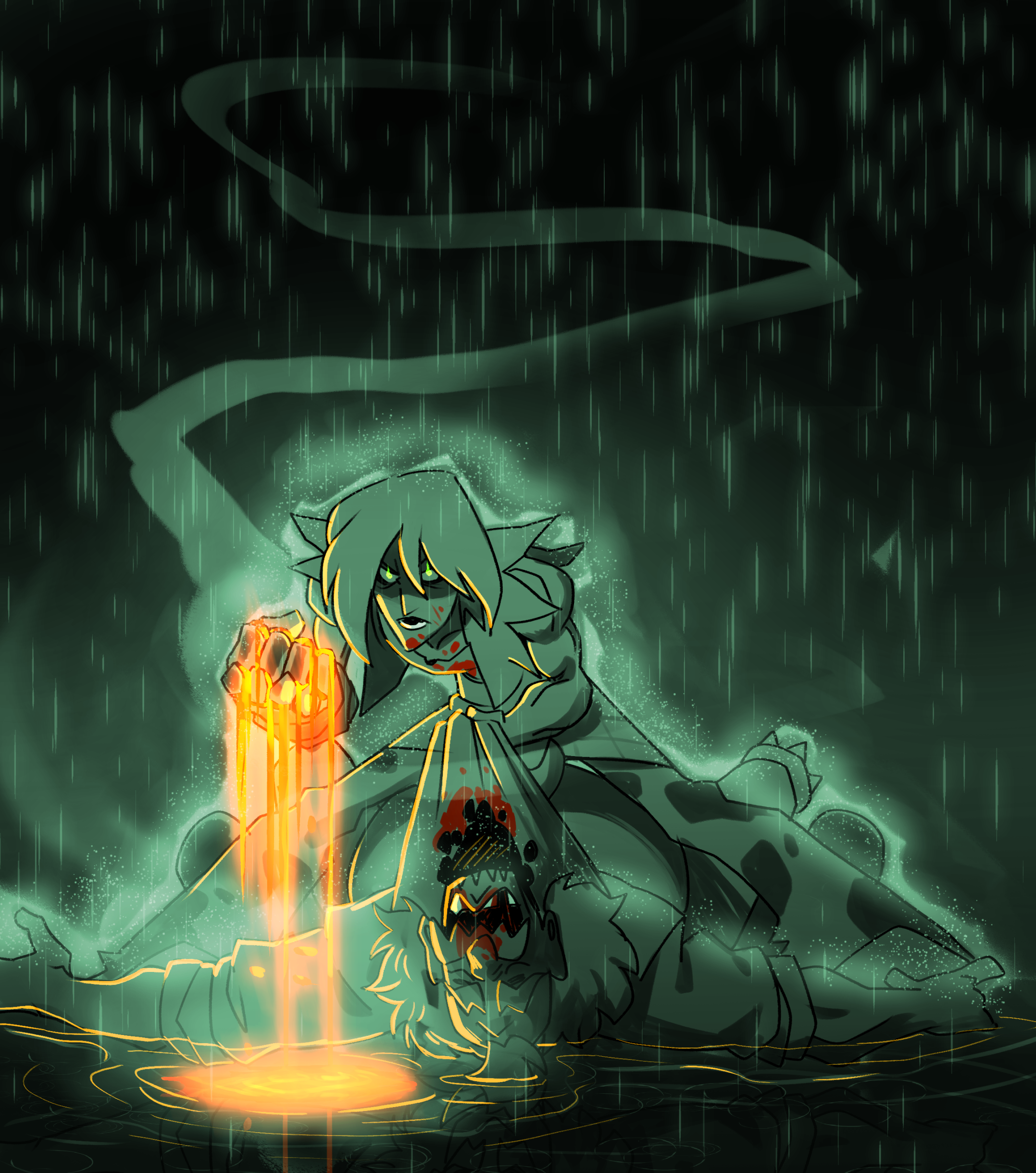 A digital illustration of a character with green hair and glowing green eyes, kneeling on the ground with a defeated expression. The character's hand is glowing with orange energy, and they are surrounded by a green aura. The background features a large, semi-transparent Superman logo, with rain falling heavily around the scene.