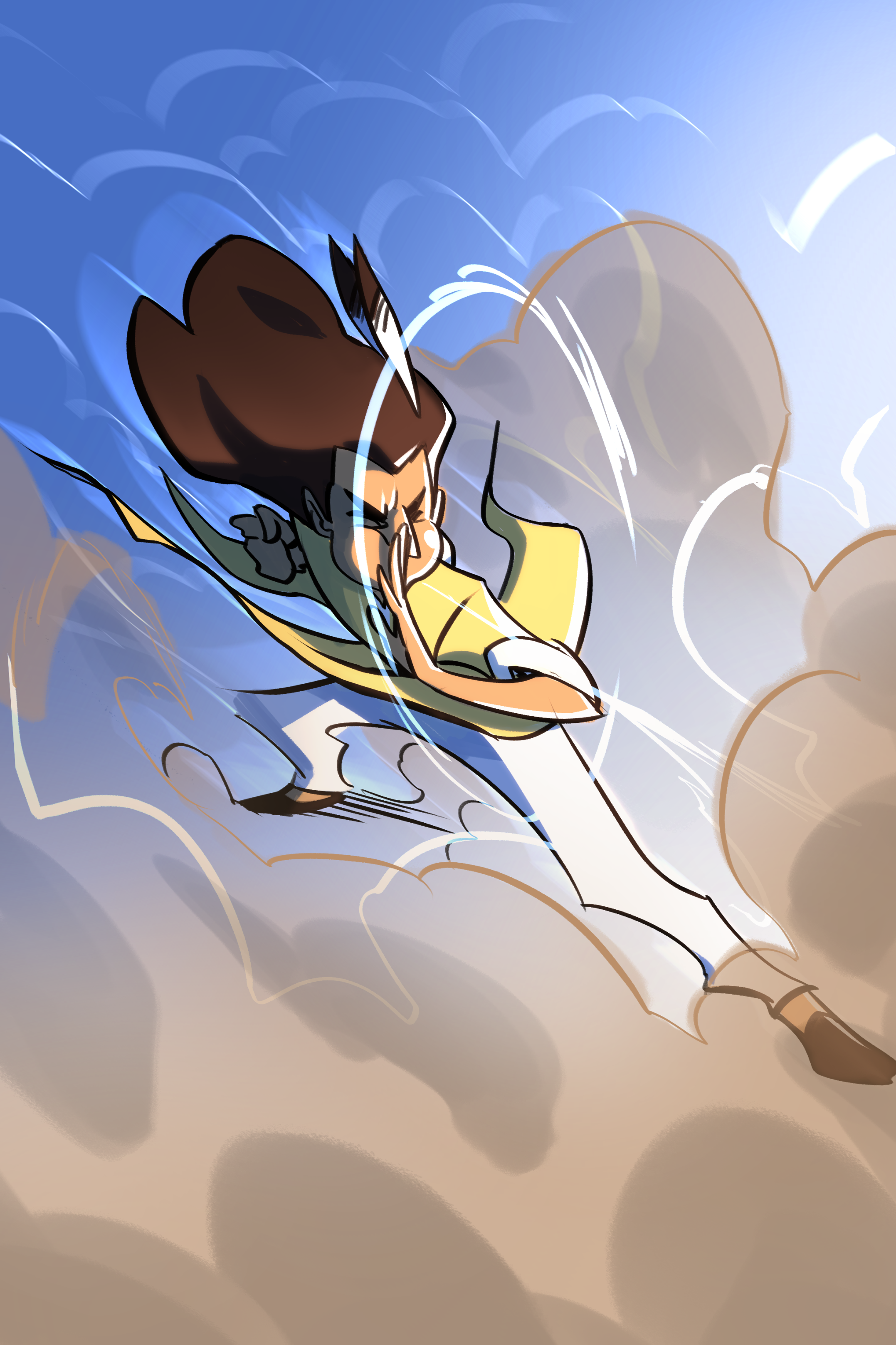 An animated character with spiky hair flying through a sky filled with clouds and lightning, with a determined expression.