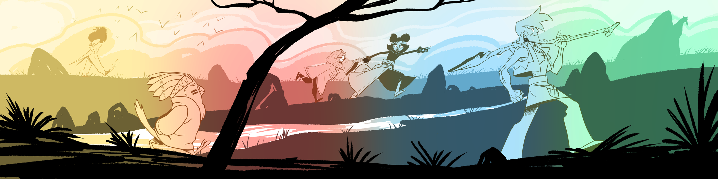 Animated image of four characters in a colorful landscape. From left to right: a character akin to a Native American with a headdress, a person with glasses and a cape, a woman with short hair pointing, and a person with a trident riding a horse-like creature. The scene is set in a natural setting with trees, mountains, and a rainbow-colored sky.