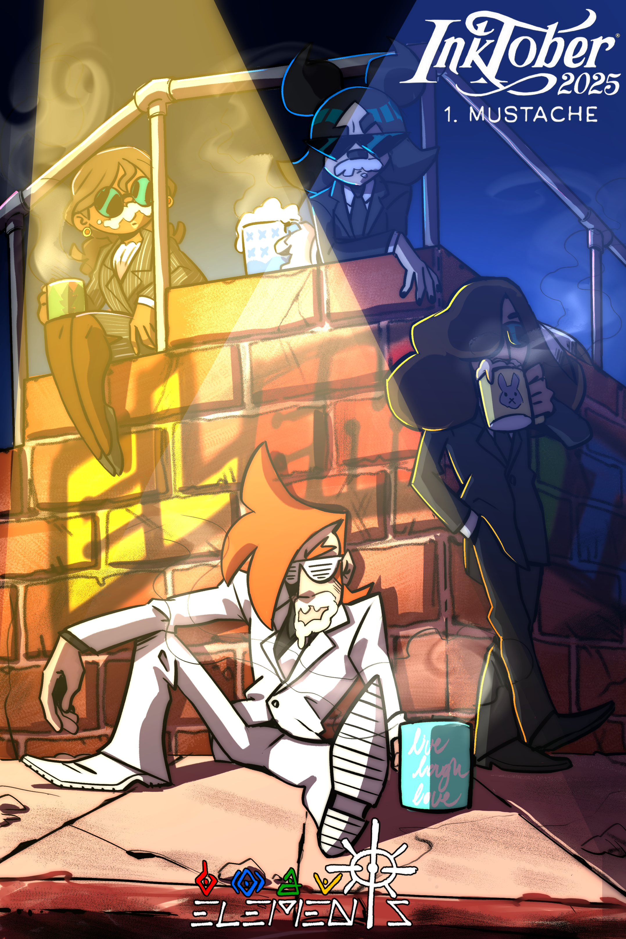 Cartoon illustration of four characters in a dark, brick-walled room. Two characters are sitting at a table: a woman with glasses and long hair, and a man with glasses and orange hair. They appear distraught or exhausted. Two other characters are standing: one with devil horns and sunglasses, the other with a bunny mask and a suit. The background features a large sign that reads 'Inktober 2025' with the word 'Mustache' below it, and various symbols and text on the floor.