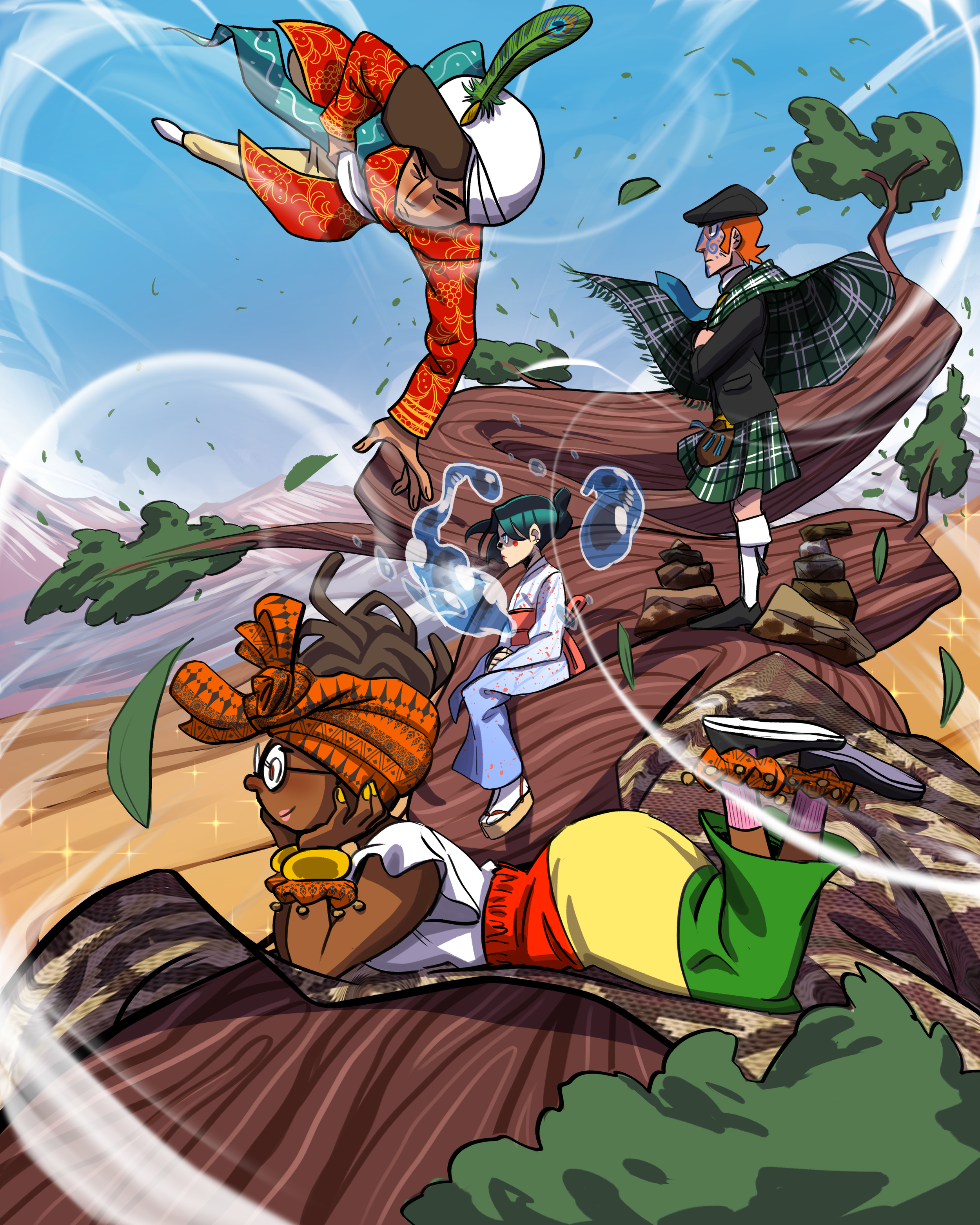 The Elements depicted in the full dress of their cultural backgrounds.