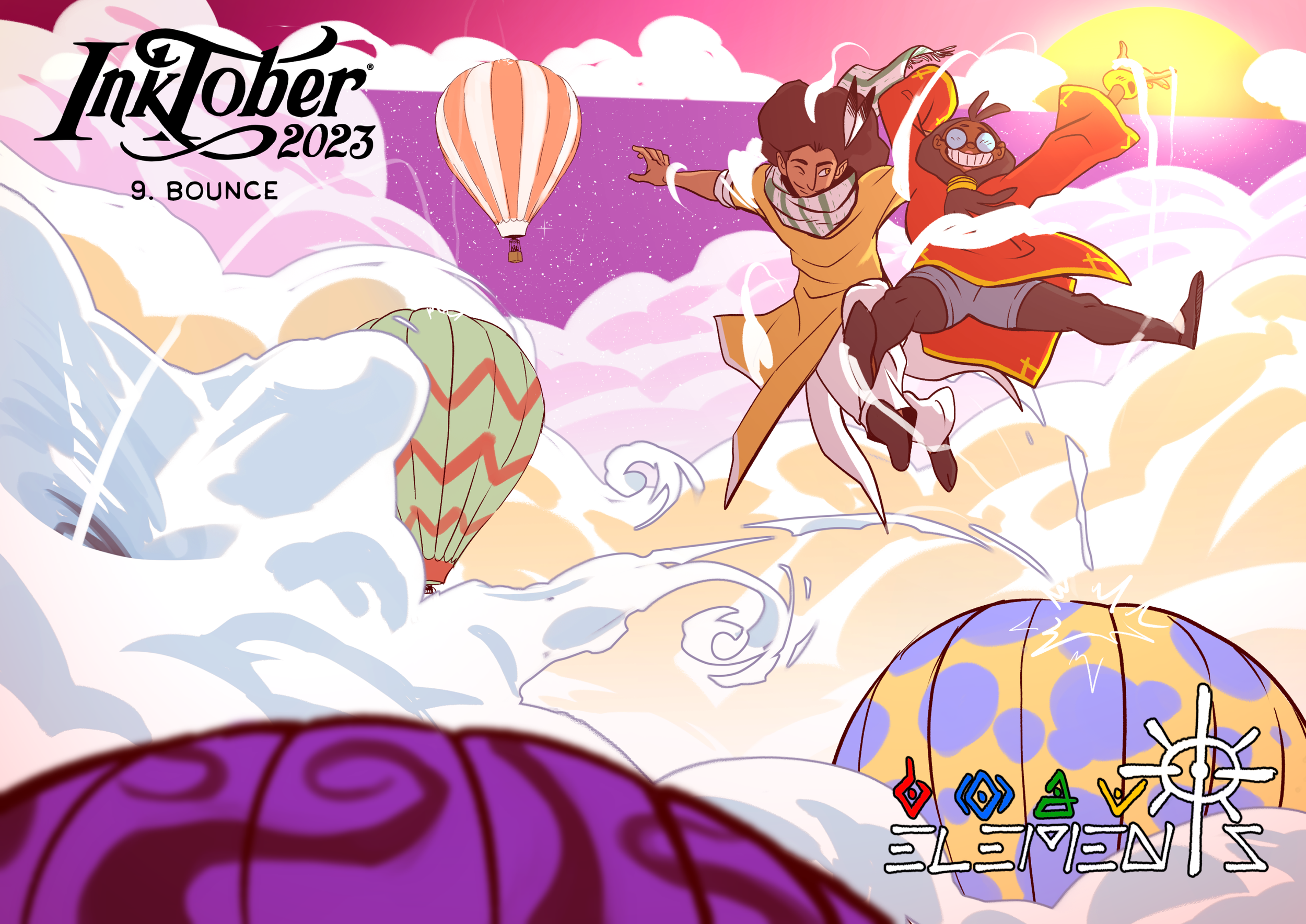 Colorful animated illustration for InkTober 2023 featuring a person and a dog jumping through clouds with hot air balloons and a sunset in the background. The word 'Bounce' is written on the left.