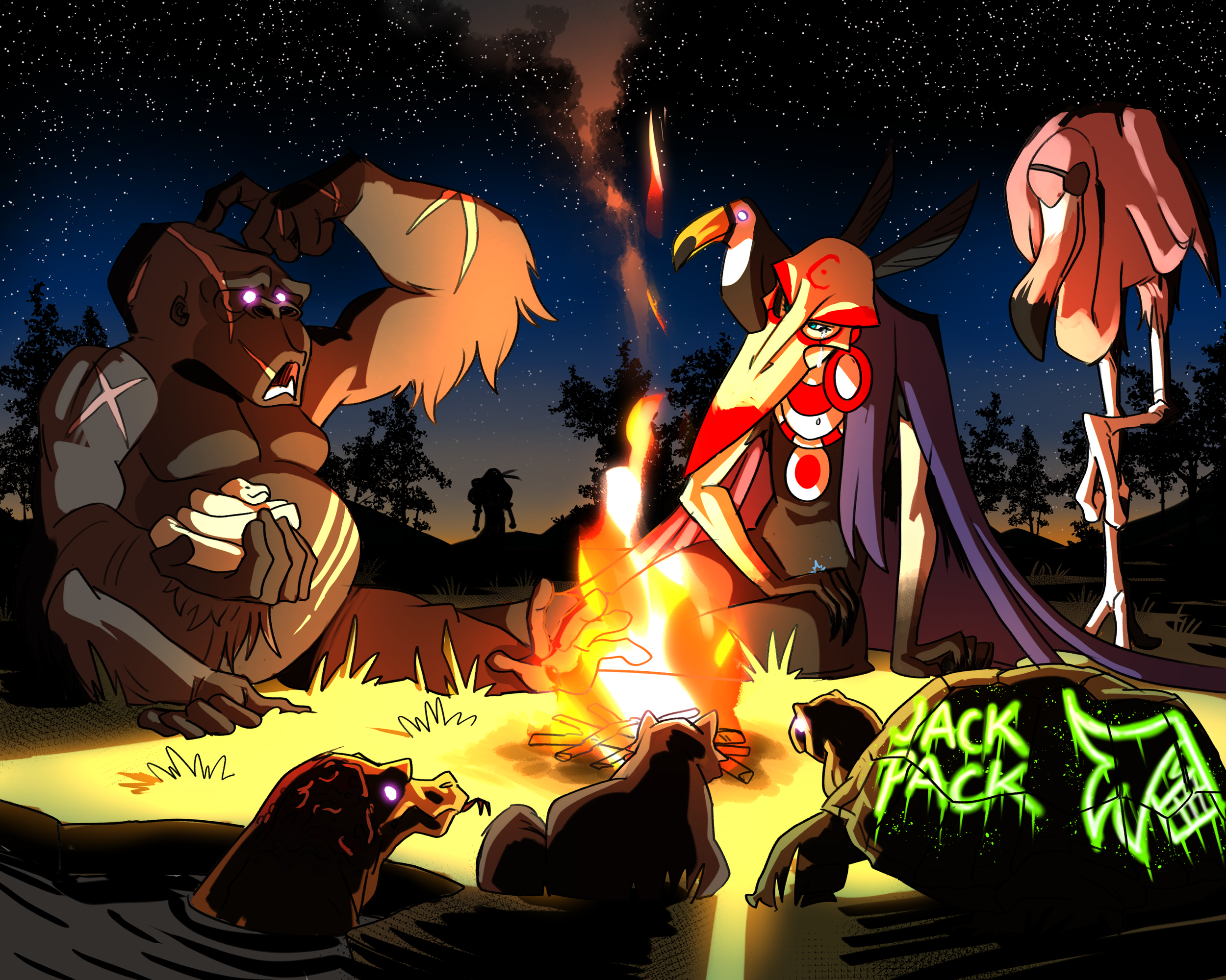 Vultura holds a talking circle with the animals in her care. Cloud observes from afar.