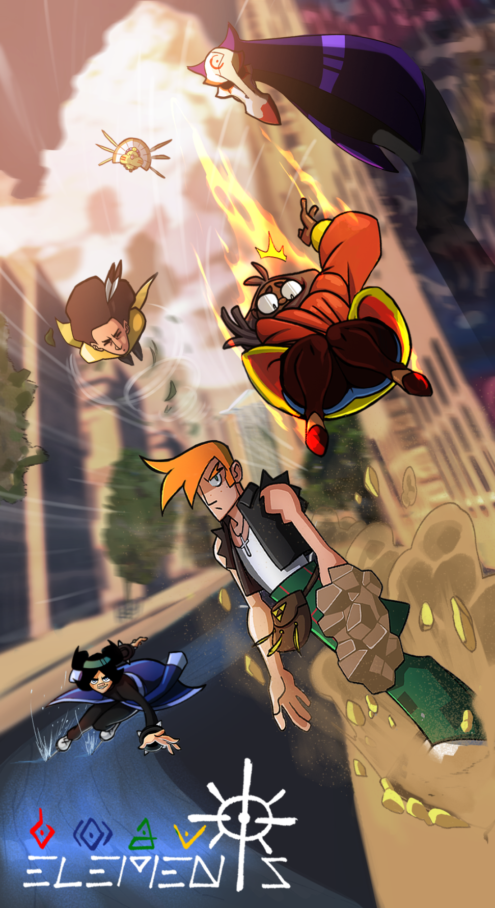 Animated scene depicting a battle with characters and creatures flying through a cityscape. Characters appear in dynamic poses with some casting energy or attacks, surrounded by debris and motion effects.