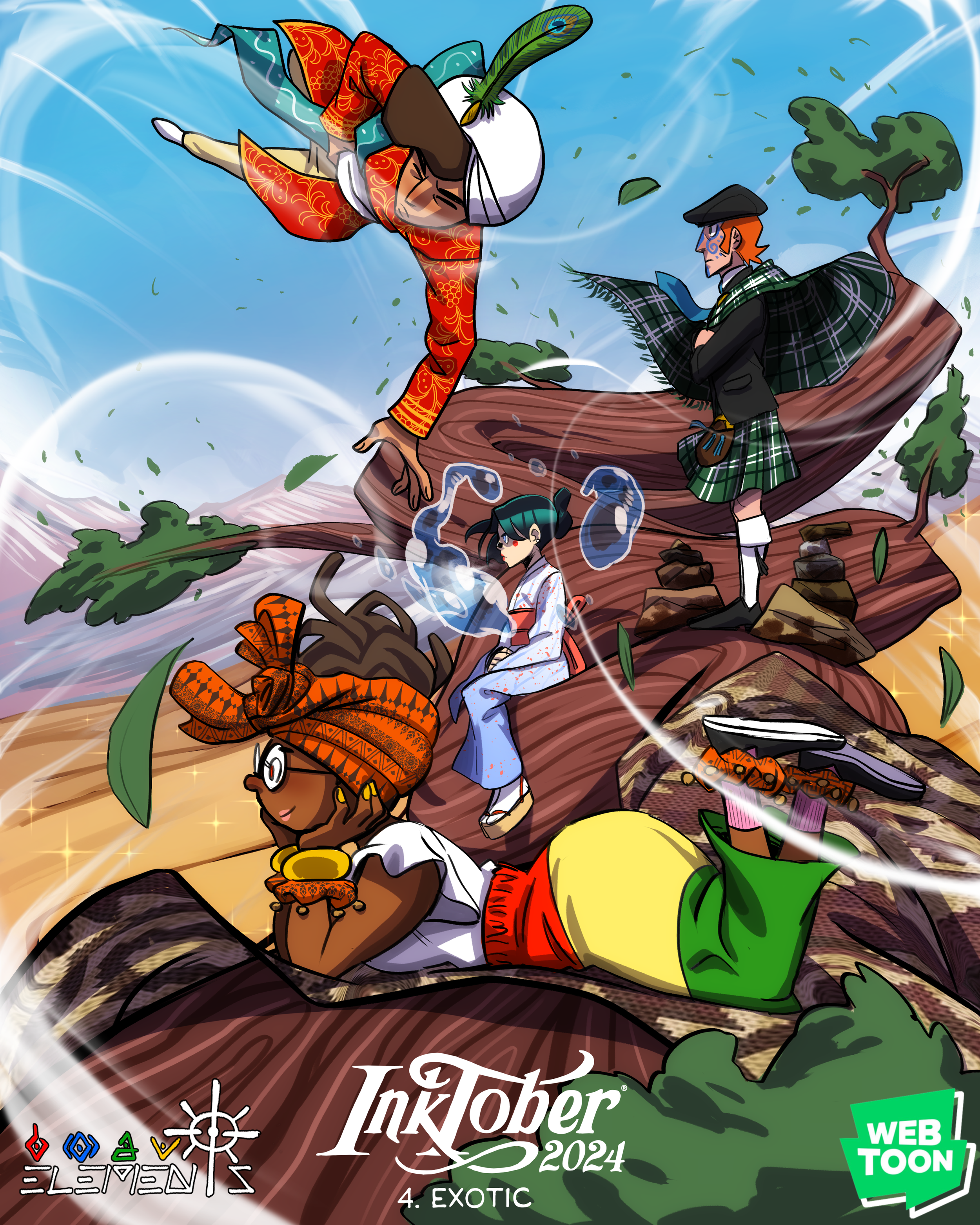 A colorful illustration of characters from the game 'Inktober 2024,' depicting a fantasy scene with a person in a red patterned outfit and turban flying through the sky, a person in a Scottish outfit sitting on a log with a large butterfly nearby, and a tiny girl with blue hair and glasses. There are butterflies, leaves, and a tree with a sky background and swirling wind effects.