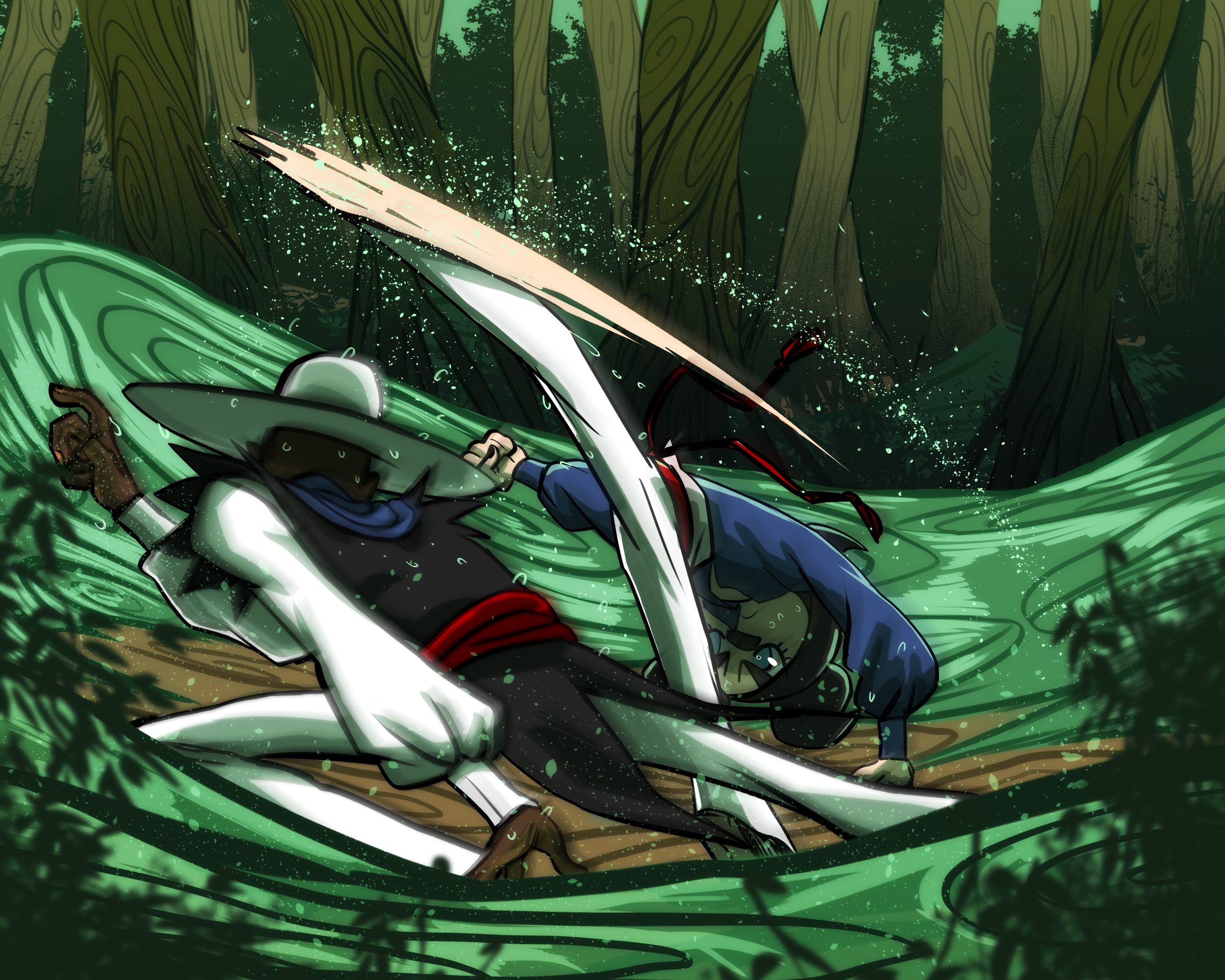 Obe and K play a game of Capoeira in the swamp, training K's ability to multitask. She must fight him, while keeping the water away from their spar.