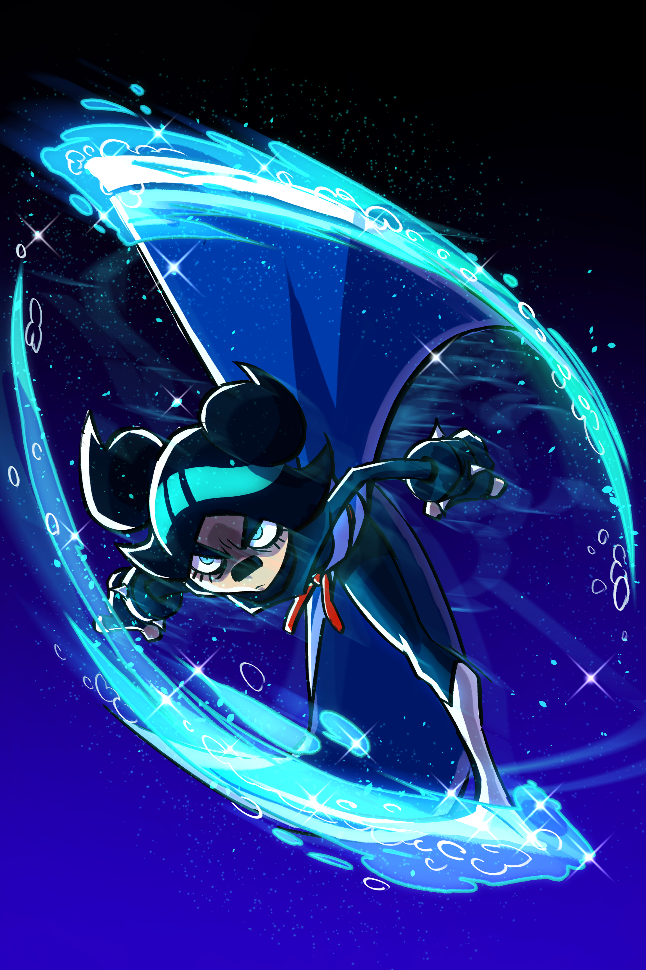 A digital illustration of a humanoid character in a dynamic pose, wielding glowing blue energy weapons, surrounded by swirling blue energy and sparks against a dark background.