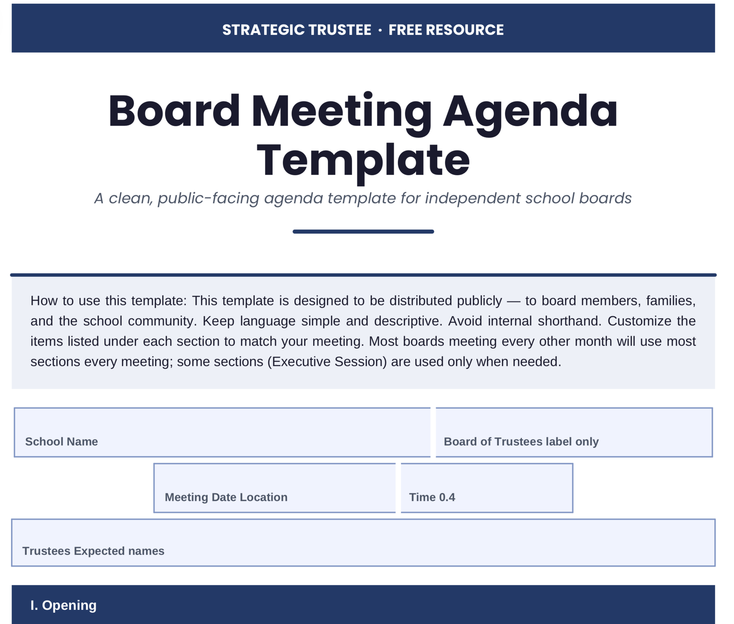 Board Meeting Agenda - Free Template! for Independent School Boards