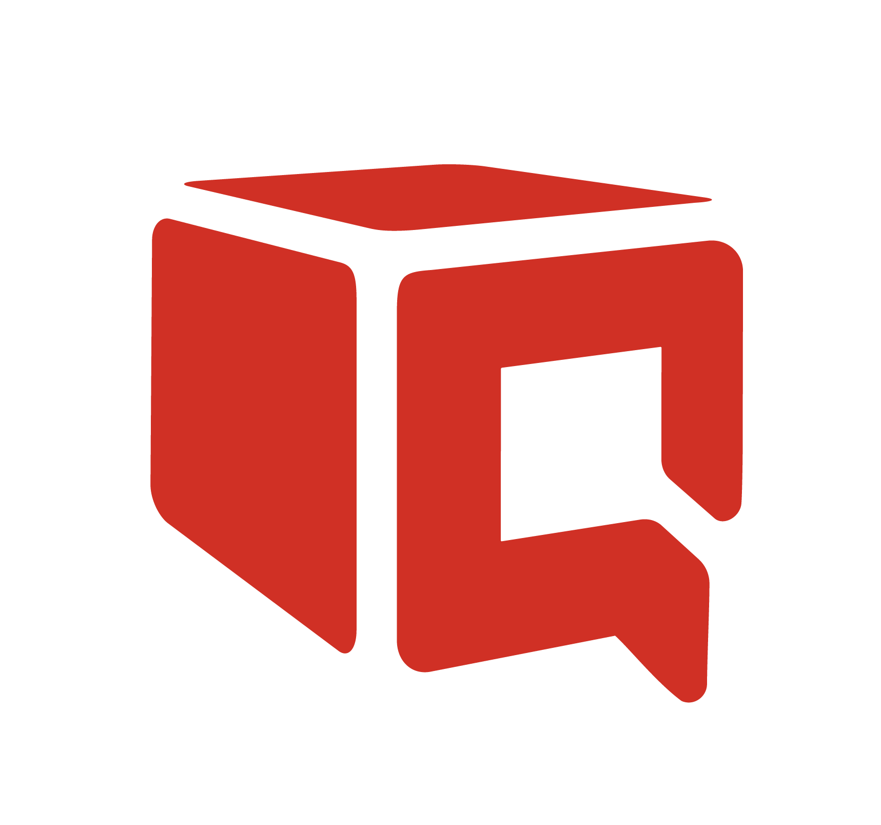 Red stylized geometric logo on a black background