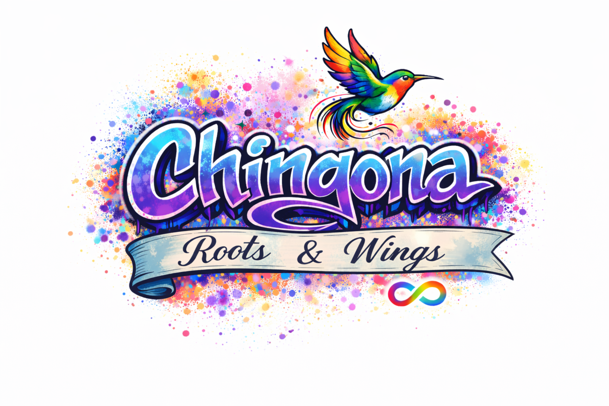 Colorful graphic with a hummingbird above the word 'Chimoya' and the phrase 'Roots & Wings' on a ribbon banner, surrounded by splashes of rainbow paint.