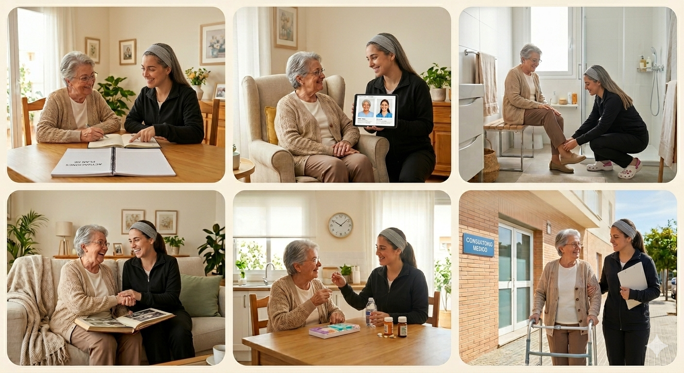 Doctor and elderly patient chatting indoors, and outdoors, talking with the caregiver, all smiling and in a friendly atmosphere.