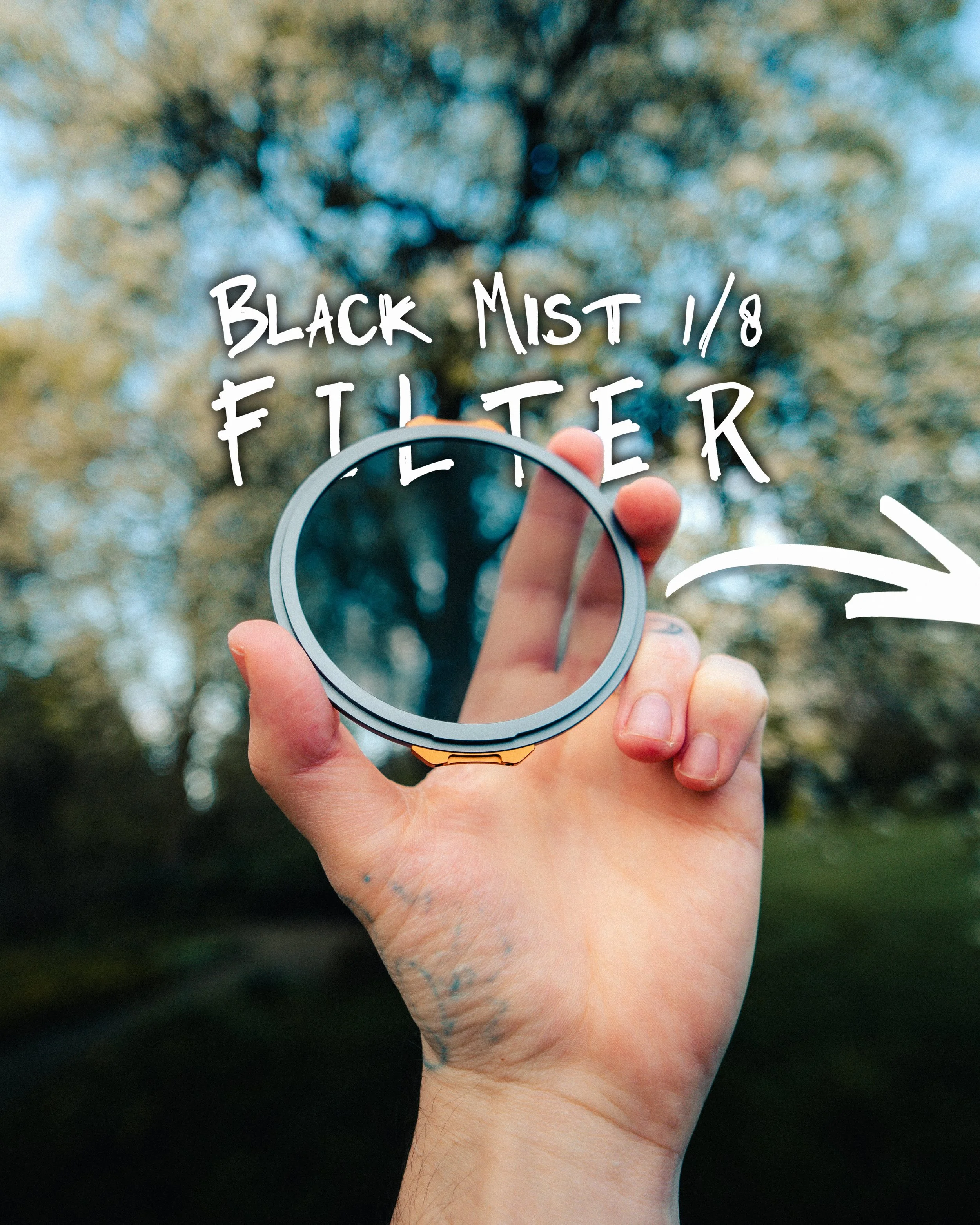 Hand hält einen runden Objektiv vor einem Baum mit Blättern im Hintergrund, Titeltext auf der Linse liest "Black Mist 1/8 FILTER".