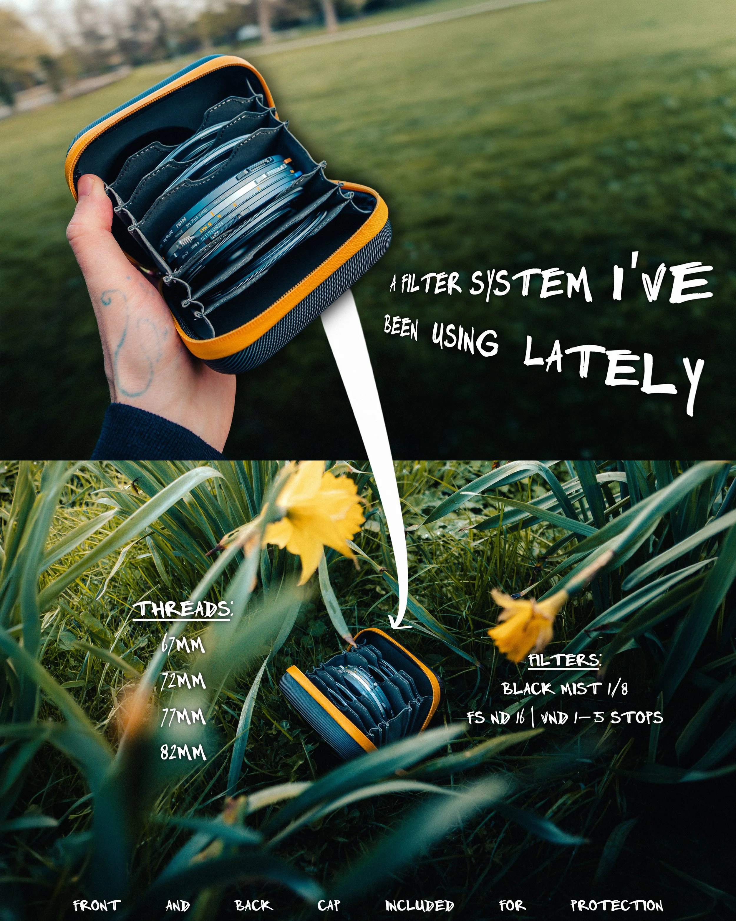 Ein blauer Filterschutz mit gelbem Rand, der einen Filterschlüssel und mehrere Filter verschiedener Durchmesser enthält, gehalten in einer Hand vor einem grünen Feld mit gelben Blumen.