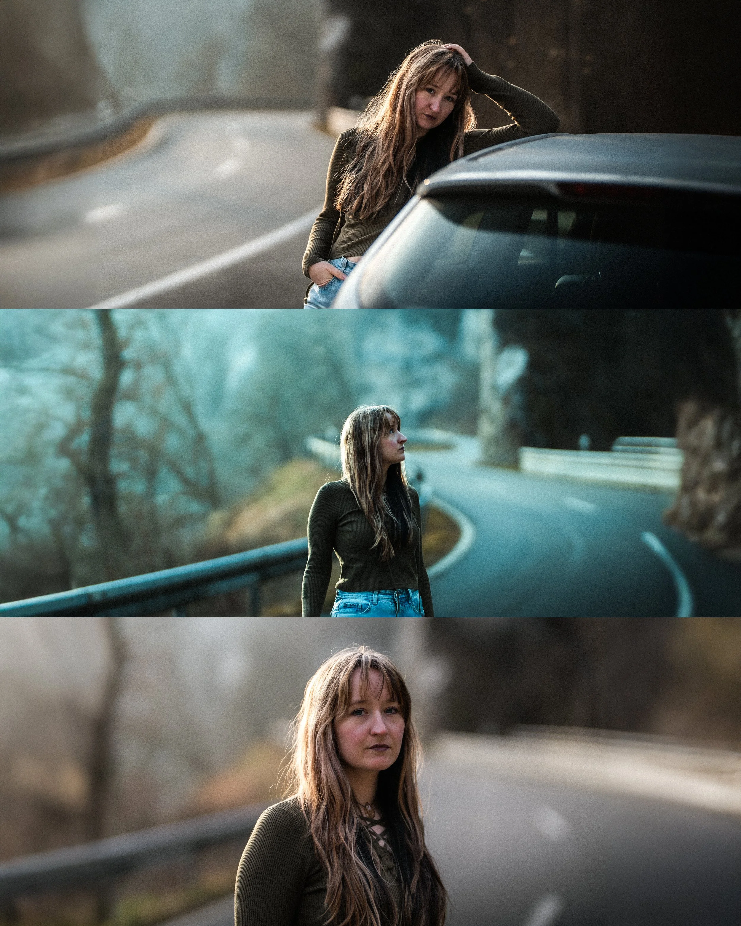 Drei Bilder einer jungen Frau mit langen, dunkelblonden Haaren, die vor einem curved Auto steht, in einer natürlichen Umgebung mit Bäumen im Hintergrund. Sie trägt verschiedene dunkle Oberteile und schaut in unterschiedliche Richtungen.