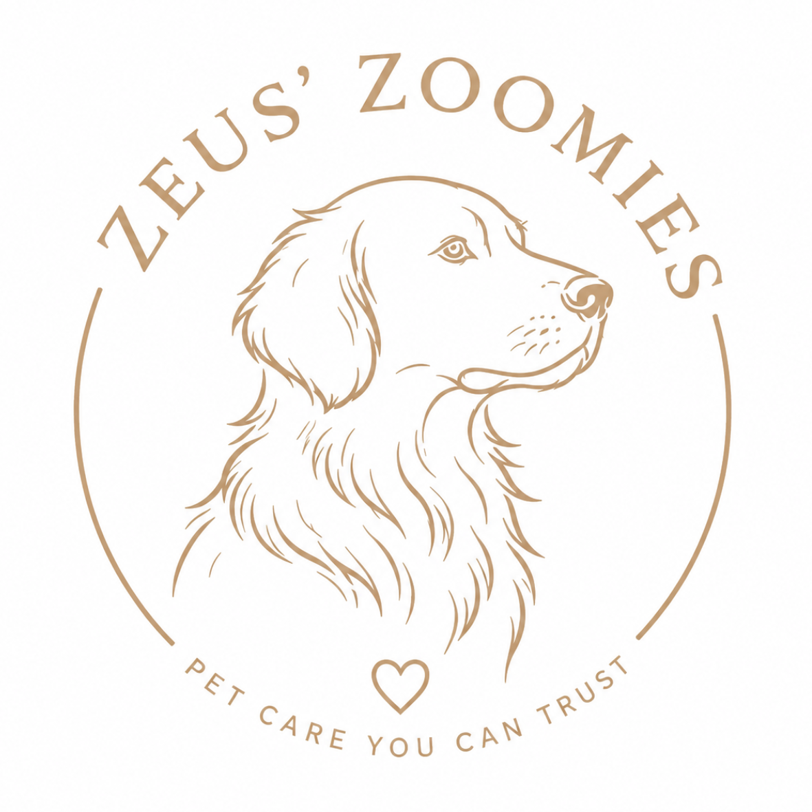 Logo for Zeus' Zoomes featuring a line drawing of a dog surrounded by text that reads 'Zeus' Zoomes' and 'Pet Care You Can Trust' with a small heart underneath.