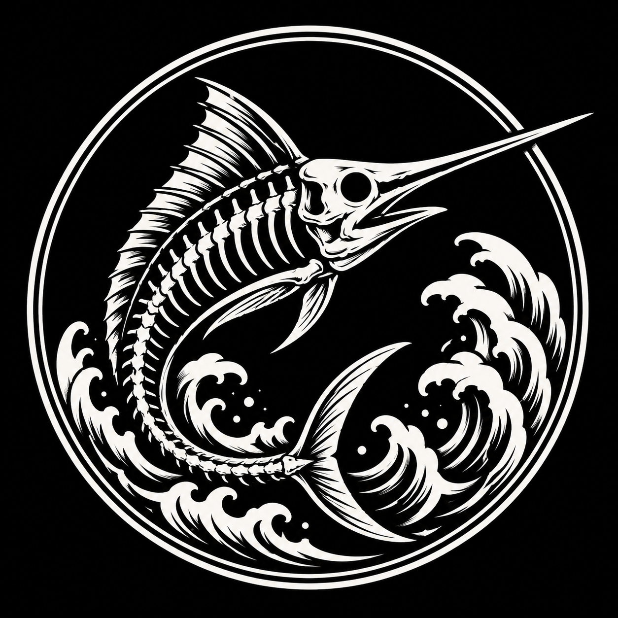 Black and white illustration of a skeleton of a swordfish with a long bill, surrounded by stylized waves.
