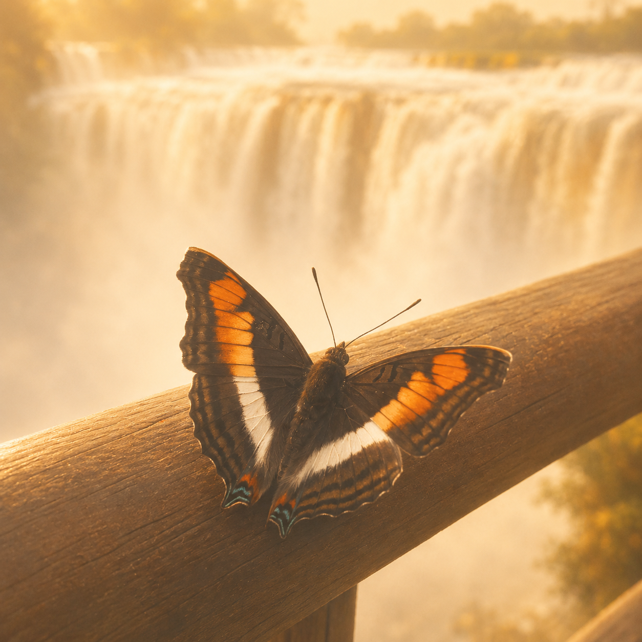 Close-up of a butterfly with orange, black, and white wings resting on a wooden railing with a waterfall in the background.