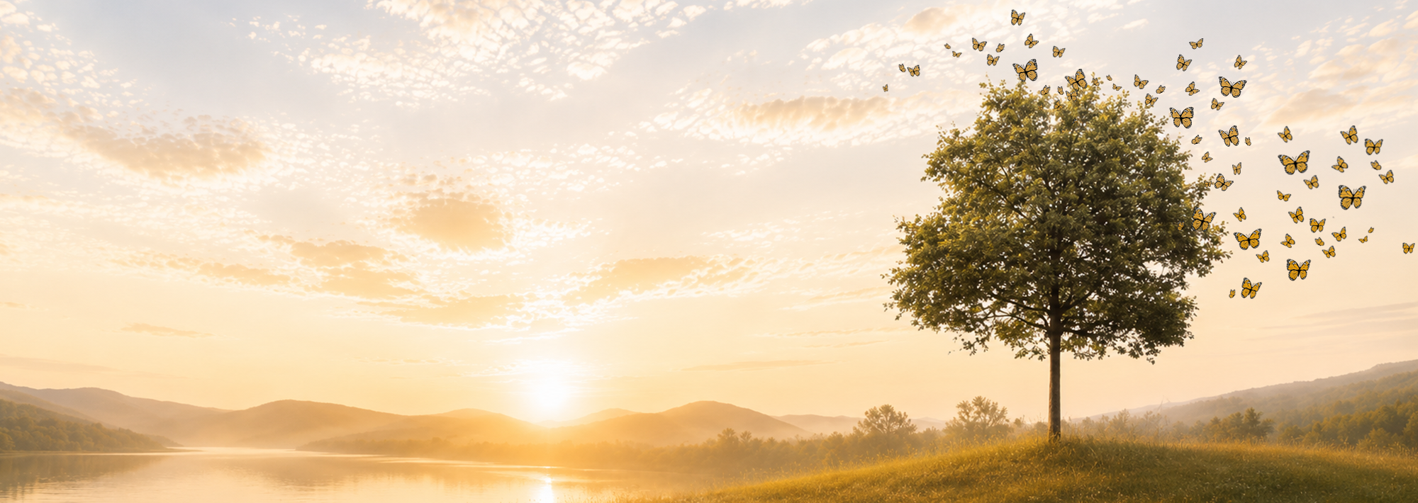 A landscape with a sunset over a lake, a tree on a grassy hill, and butterflies flying near the tree.